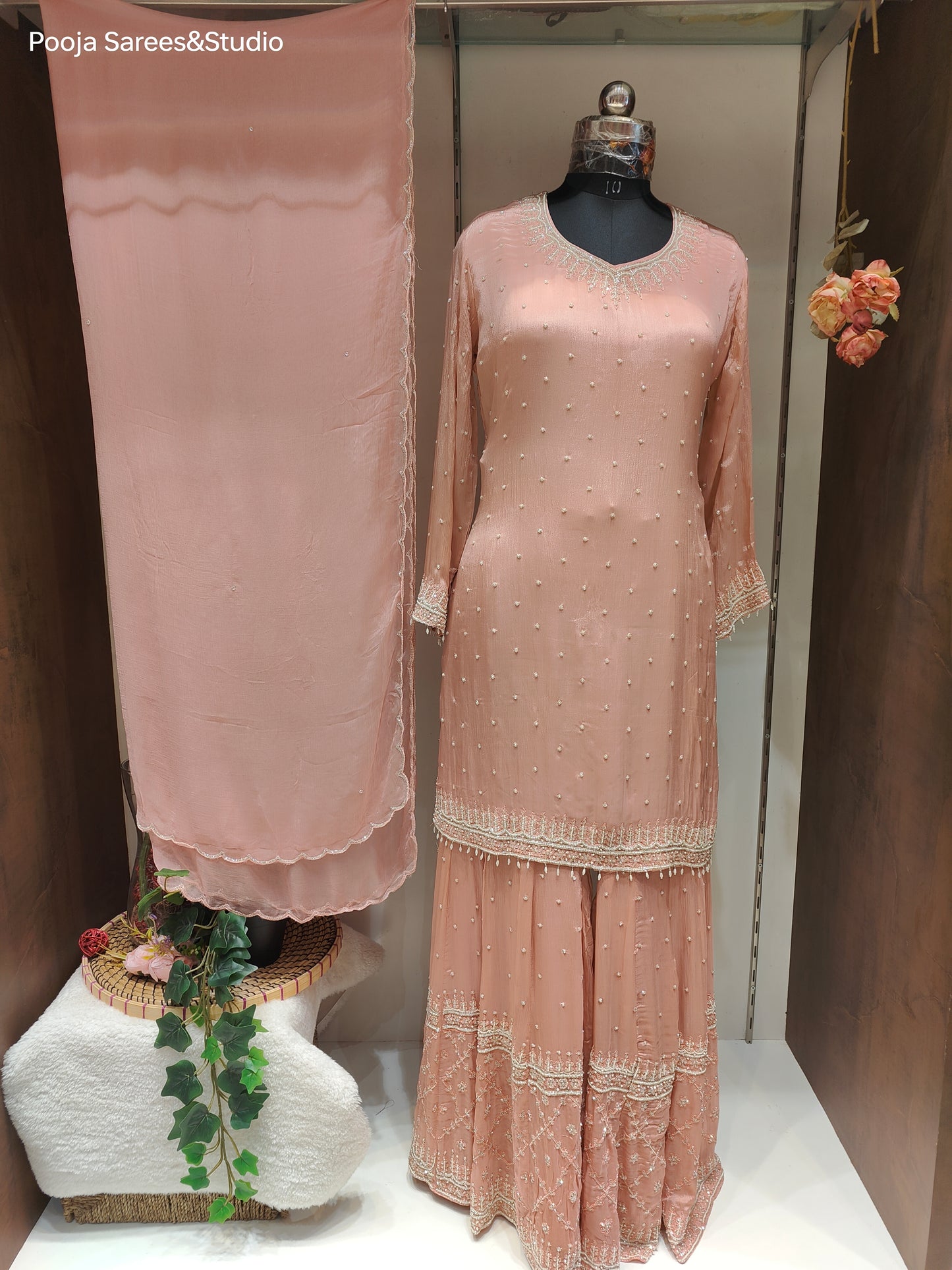 AARSAA Onion Pink Crepe Moti Katdana Sequence Work Kurta with Moti Katdana Sequence Work Gharara and Katdana Scalloped Dupatta