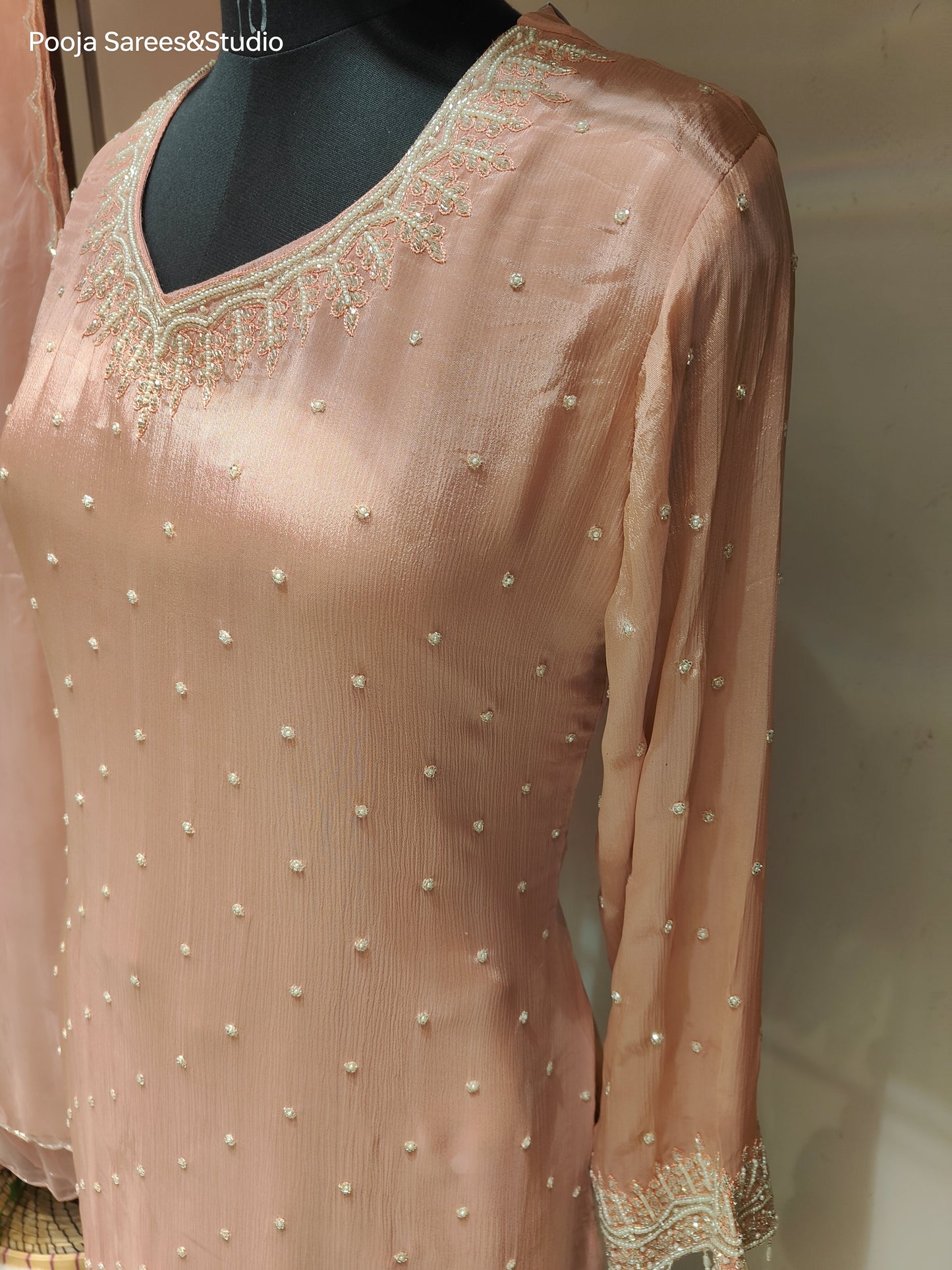 AARSAA Onion Pink Crepe Moti Katdana Sequence Work Kurta with Moti Katdana Sequence Work Gharara and Katdana Scalloped Dupatta