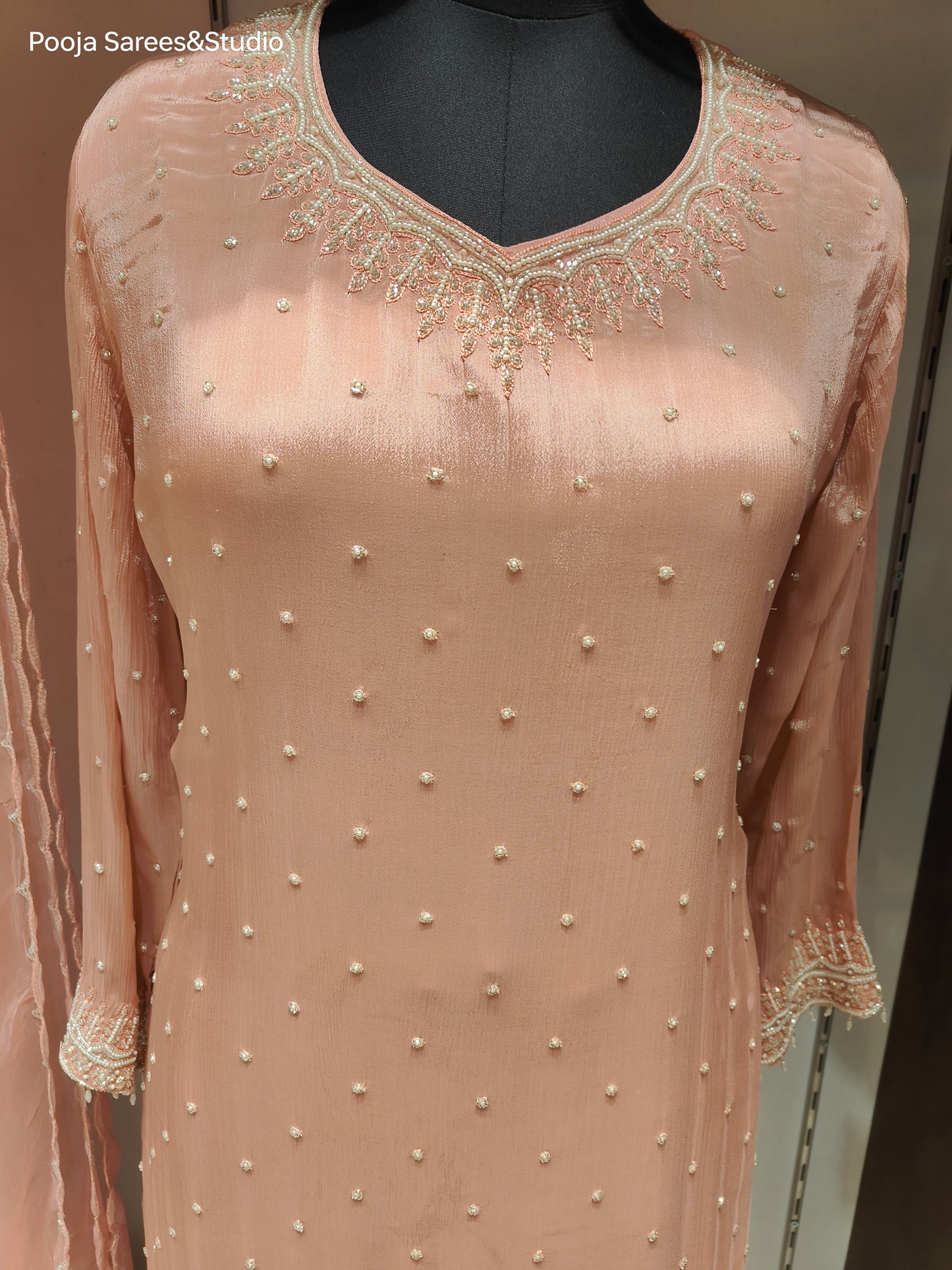 AARSAA Onion Pink Crepe Moti Katdana Sequence Work Kurta with Moti Katdana Sequence Work Gharara and Katdana Scalloped Dupatta