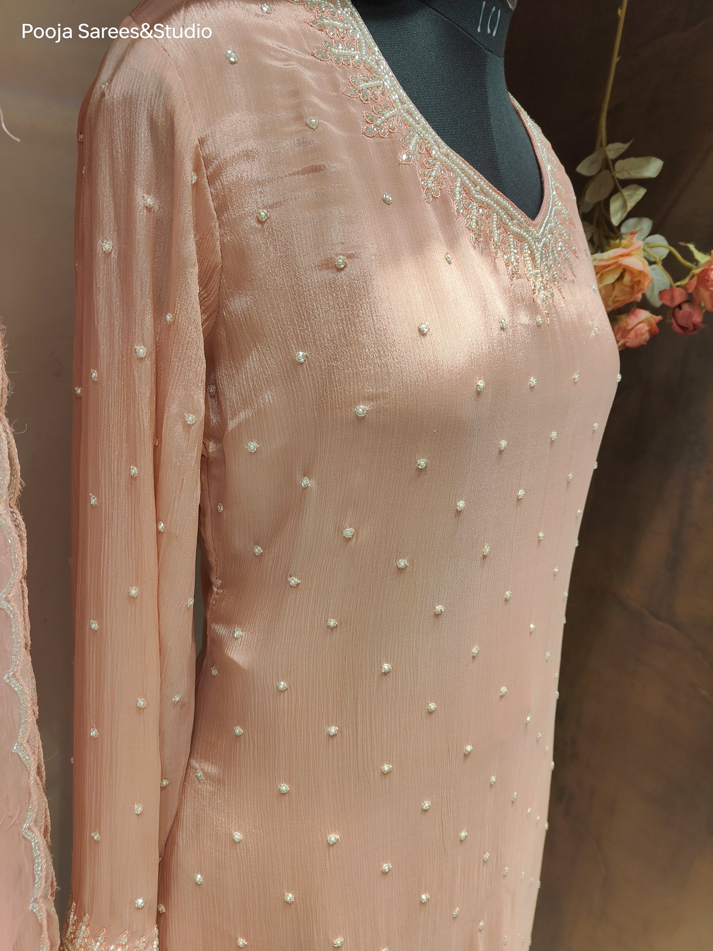 AARSAA Onion Pink Crepe Moti Katdana Sequence Work Kurta with Moti Katdana Sequence Work Gharara and Katdana Scalloped Dupatta