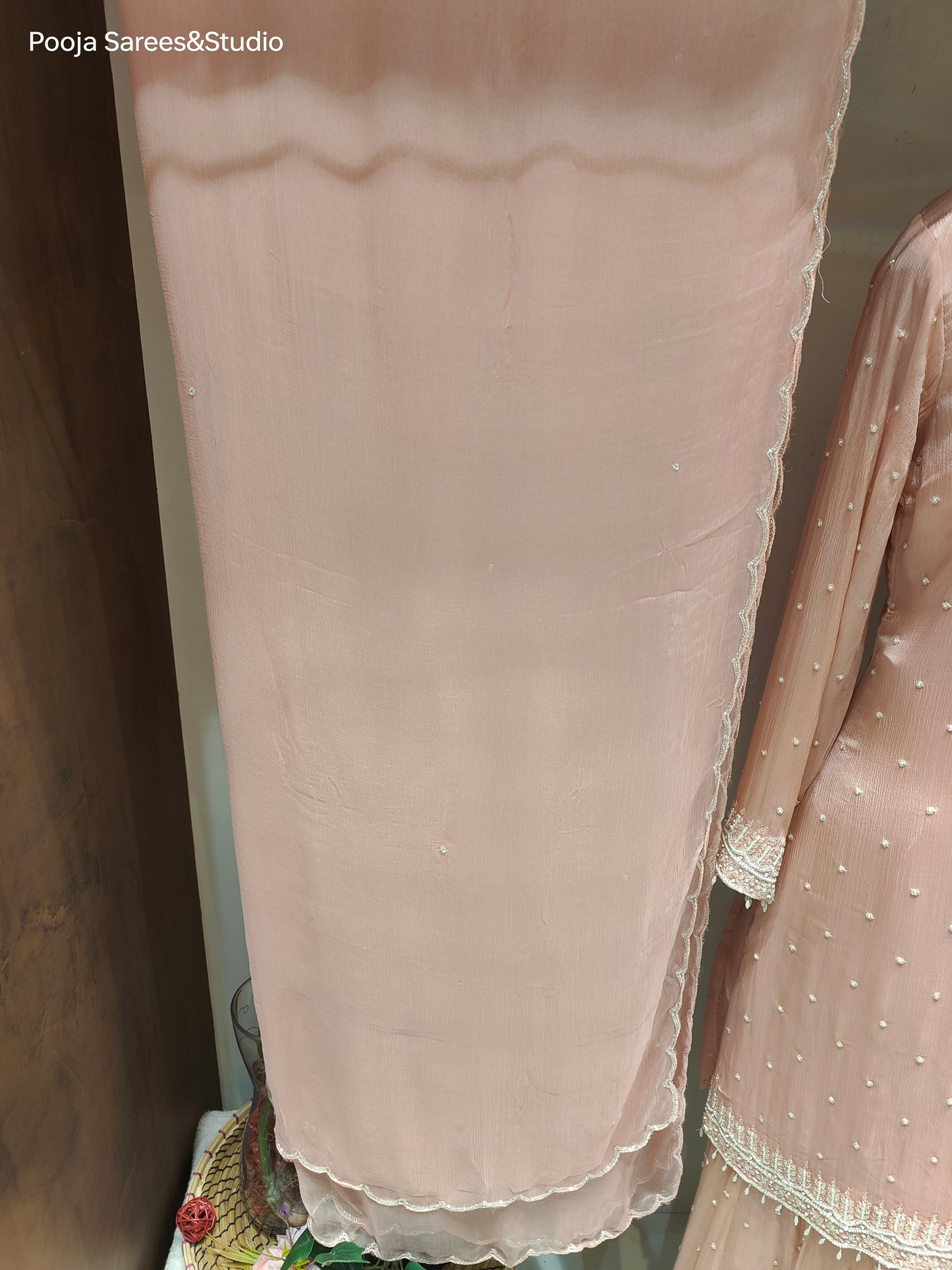 AARSAA Onion Pink Crepe Moti Katdana Sequence Work Kurta with Moti Katdana Sequence Work Gharara and Katdana Scalloped Dupatta