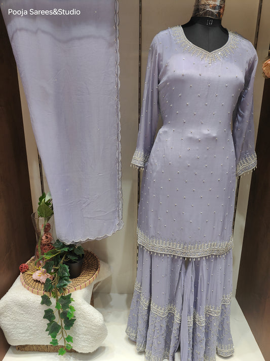 AARSAA Light Violet  Crepe Moti Katdana Sequence Work Kurta with Moti Katdana Sequence Work Gharara and Katdana Scalloped Dupatta