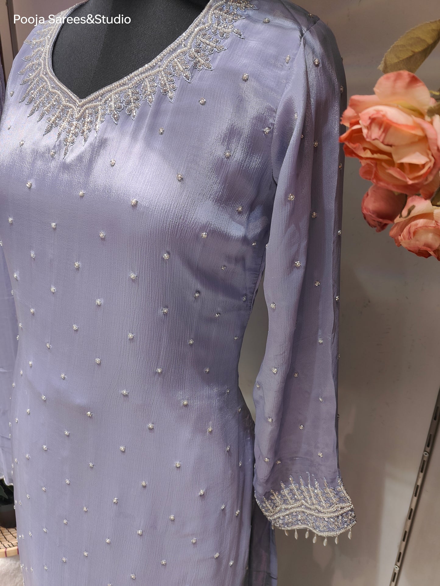 AARSAA Light Violet  Crepe Moti Katdana Sequence Work Kurta with Moti Katdana Sequence Work Gharara and Katdana Scalloped Dupatta