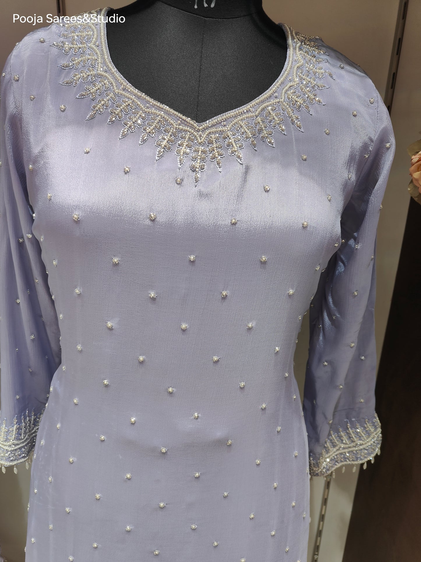 AARSAA Light Violet  Crepe Moti Katdana Sequence Work Kurta with Moti Katdana Sequence Work Gharara and Katdana Scalloped Dupatta