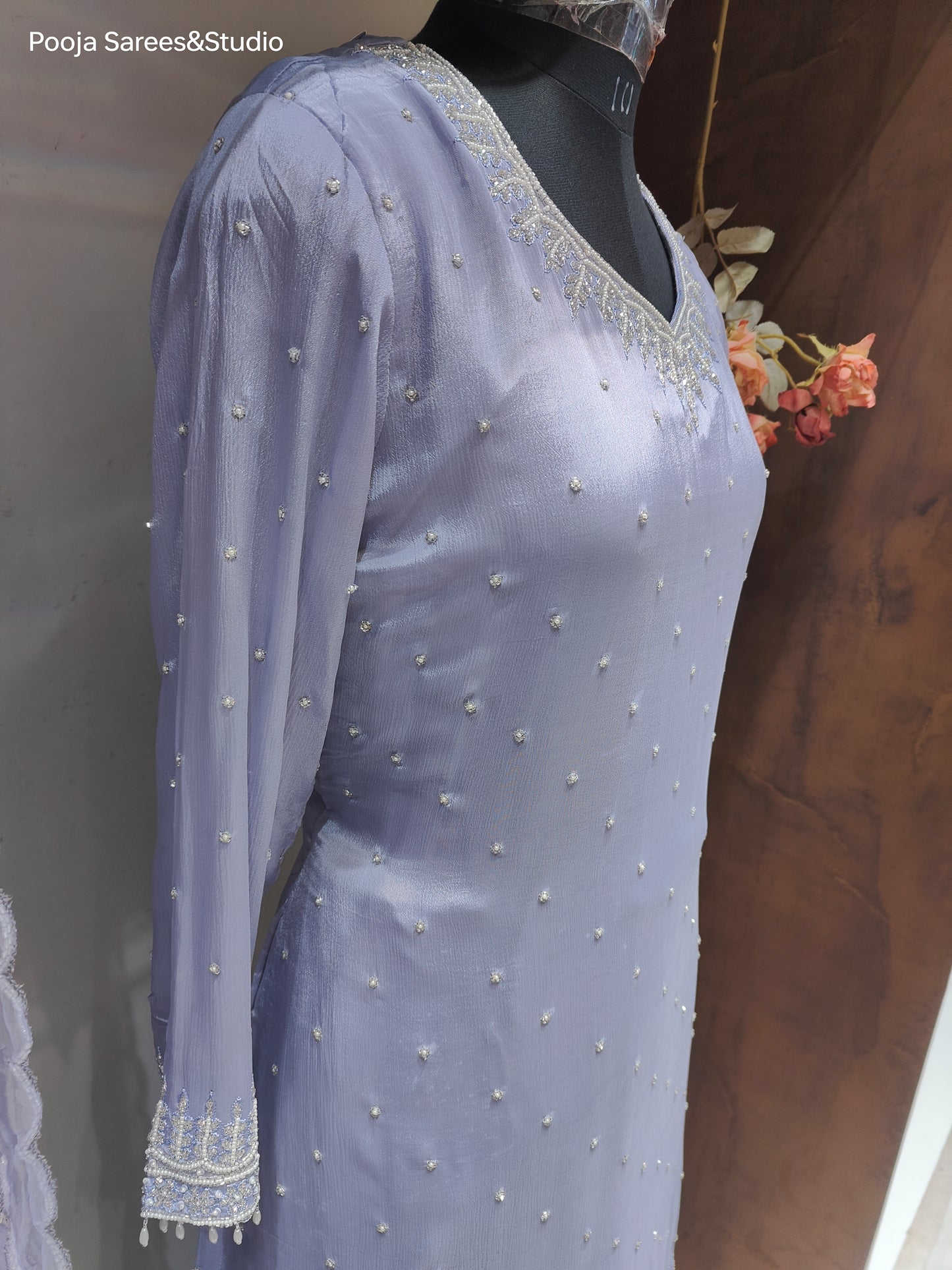 AARSAA Light Violet  Crepe Moti Katdana Sequence Work Kurta with Moti Katdana Sequence Work Gharara and Katdana Scalloped Dupatta