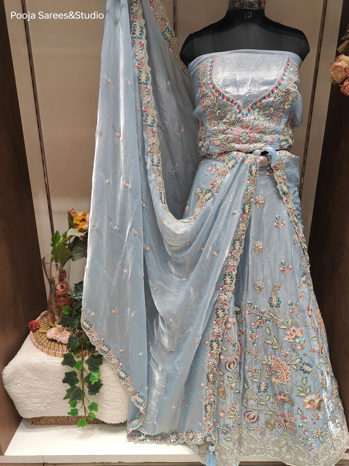 AARSAA Powder Blue Tissue Full Moti Sequence Semi Stitched Lehenga Set with Dupatta