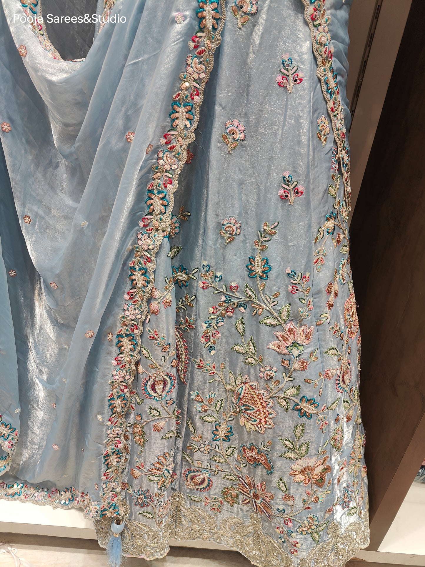 AARSAA Powder Blue Tissue Full Moti Sequence Semi Stitched Lehenga Set with Dupatta