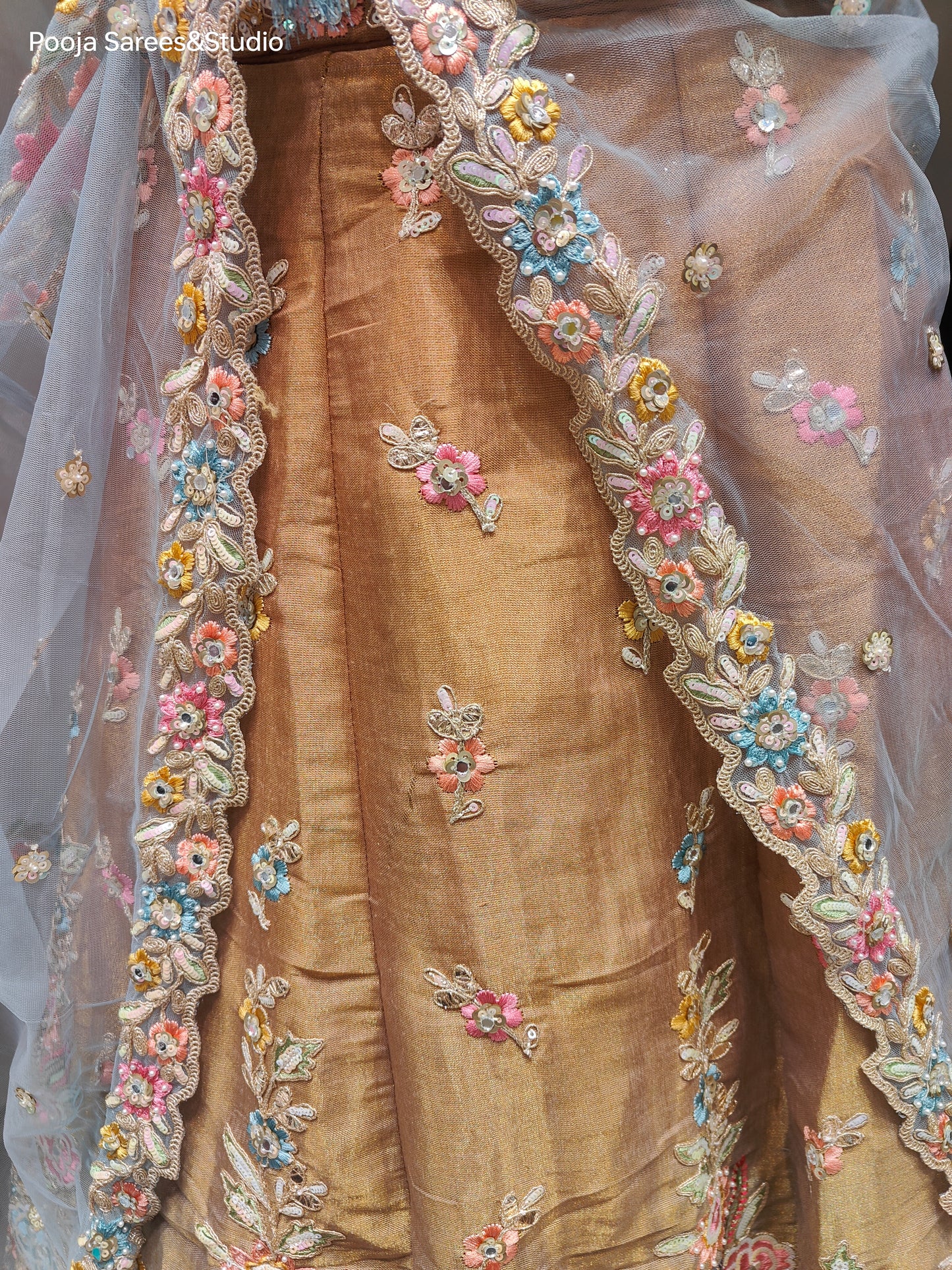 AARSAA Tissue Gold and Blue Multi Shaded Threadwork, Sequence Work Unstitched Lehanga Set with shaded work dupatta