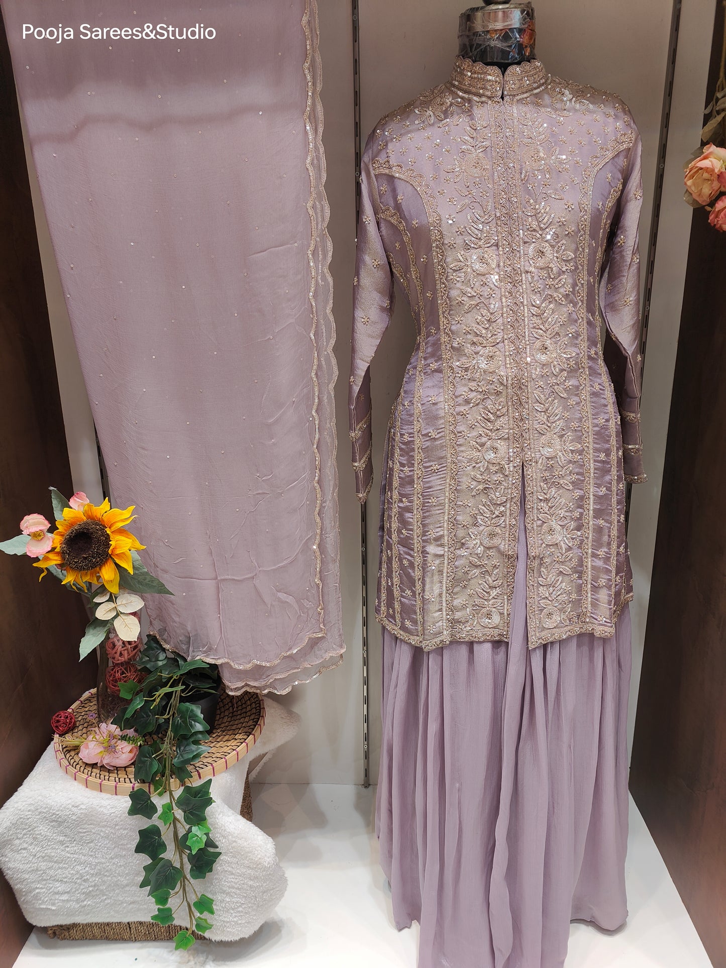 AARSAA Lilac Tissue Hand Sequence Work Kurta with Plain Pallazo and Work Dupatta