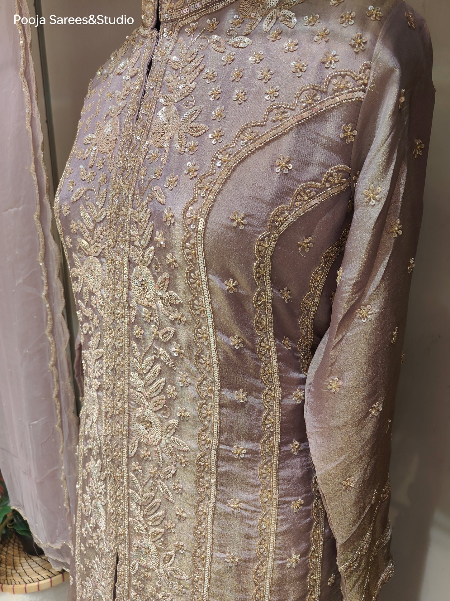 AARSAA Lilac Tissue Hand Sequence Work Kurta with Plain Pallazo and Work Dupatta