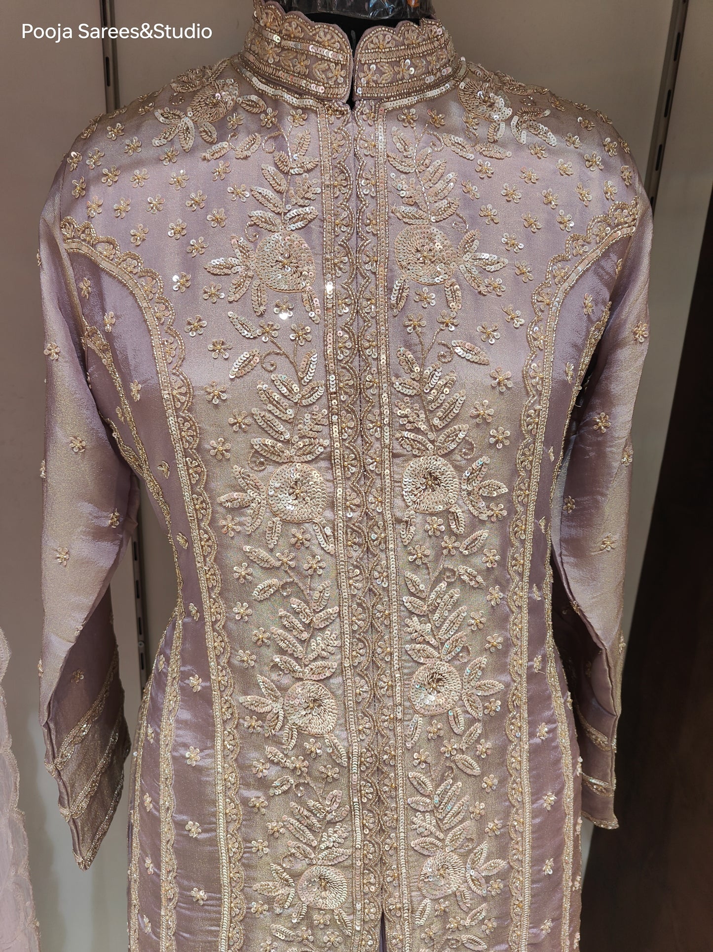 AARSAA Lilac Tissue Hand Sequence Work Kurta with Plain Pallazo and Work Dupatta