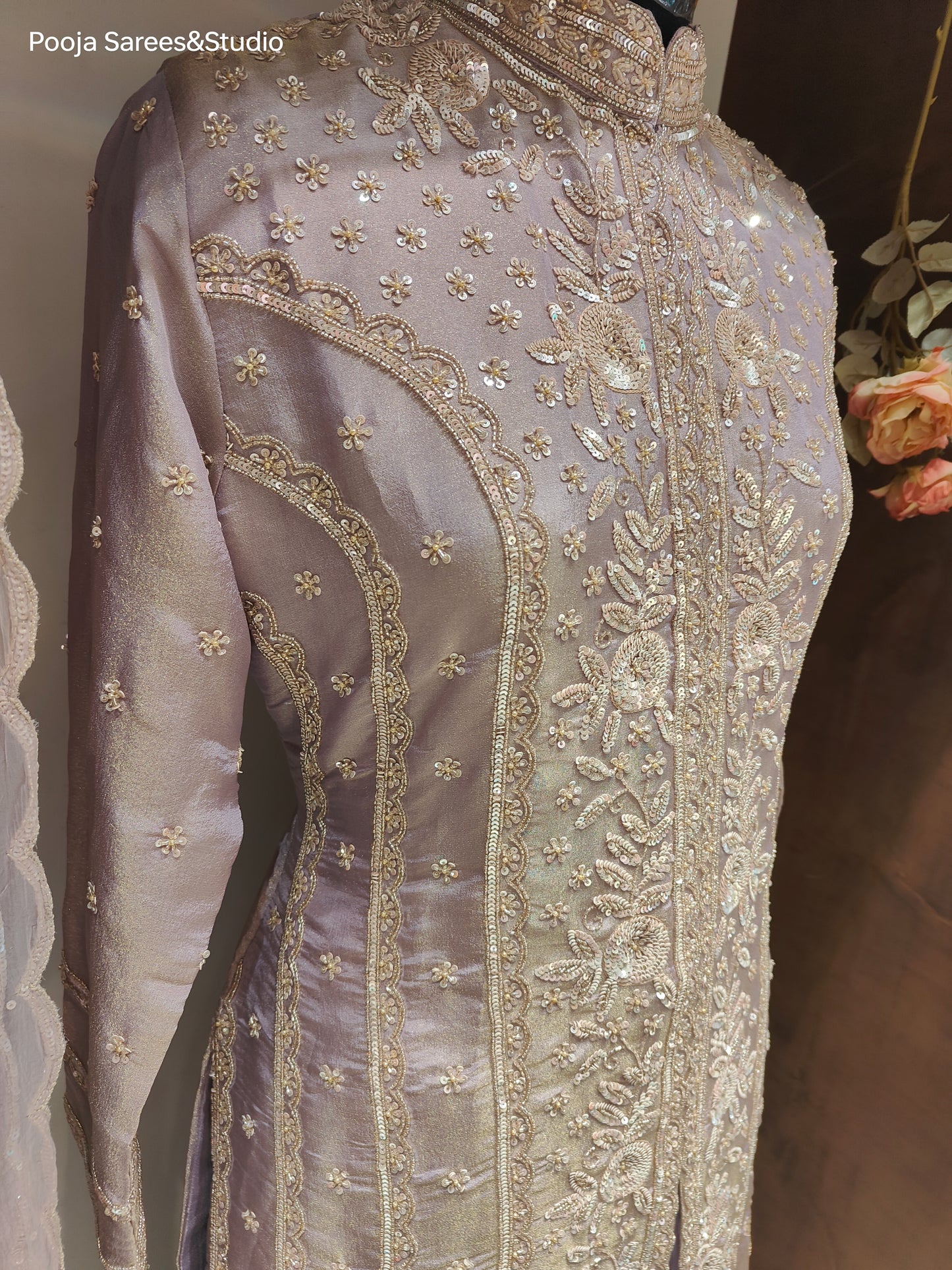 AARSAA Lilac Tissue Hand Sequence Work Kurta with Plain Pallazo and Work Dupatta