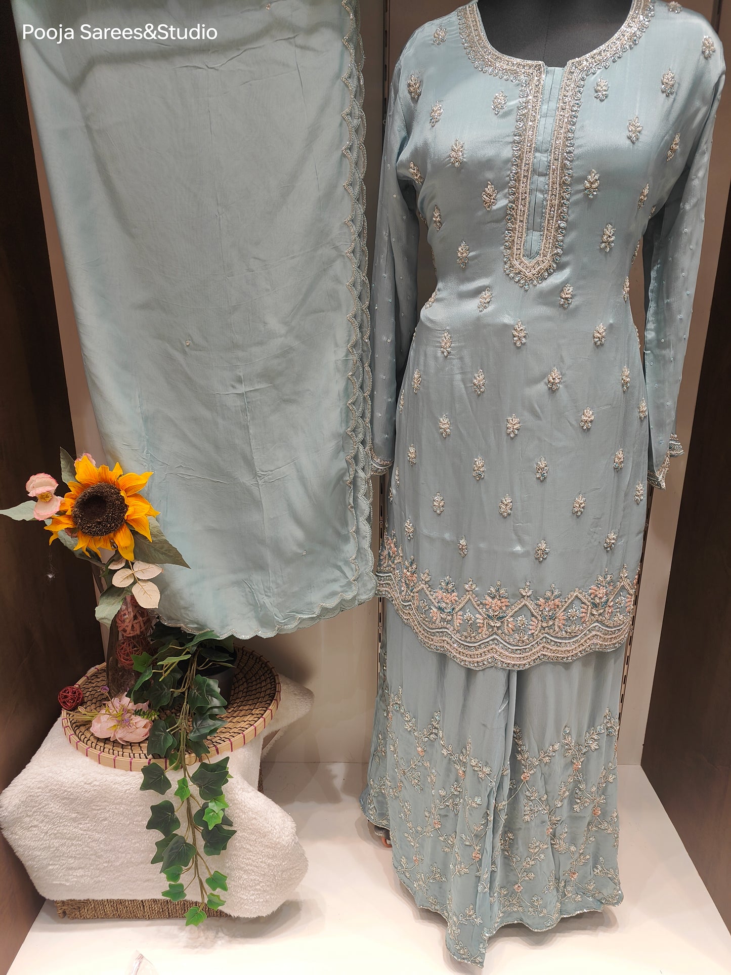 AARSAA Light Blue Crepe Katdana Moti Work Pallazo Set with Work Dupatta