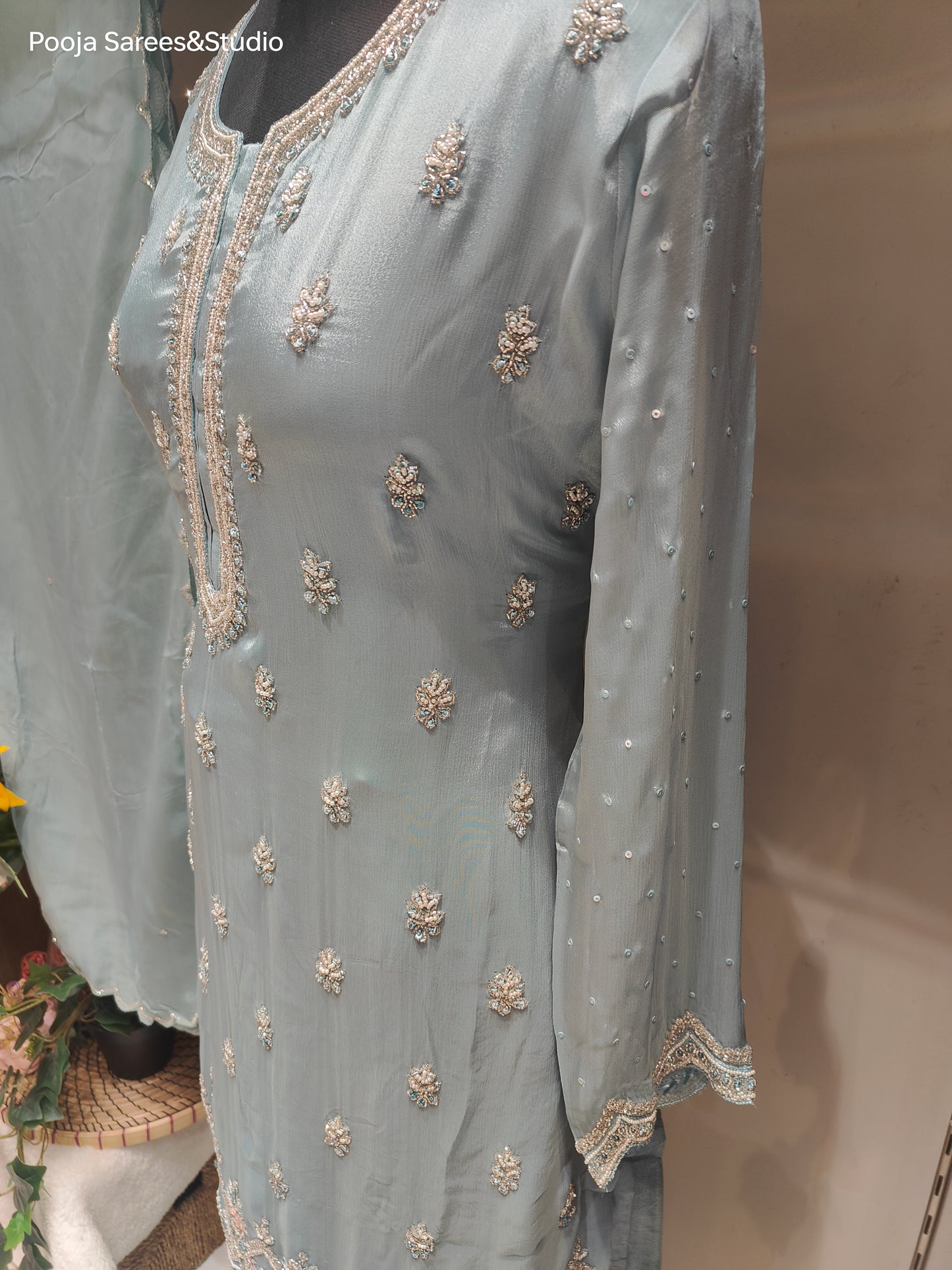 AARSAA Light Blue Crepe Katdana Moti Work Pallazo Set with Work Dupatta