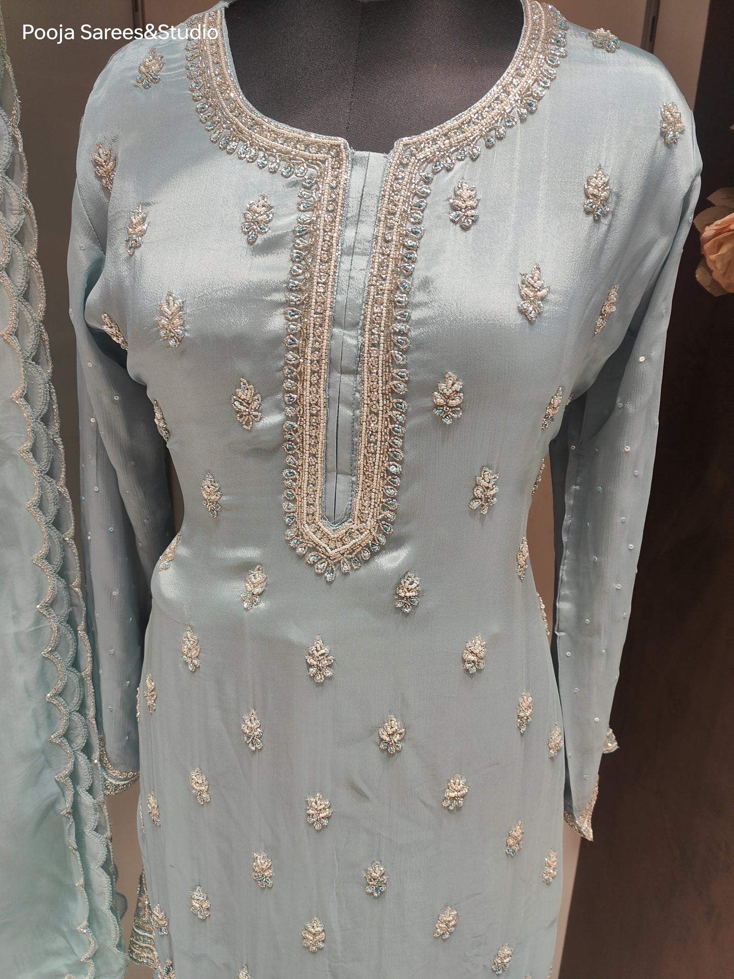 AARSAA Light Blue Crepe Katdana Moti Work Pallazo Set with Work Dupatta