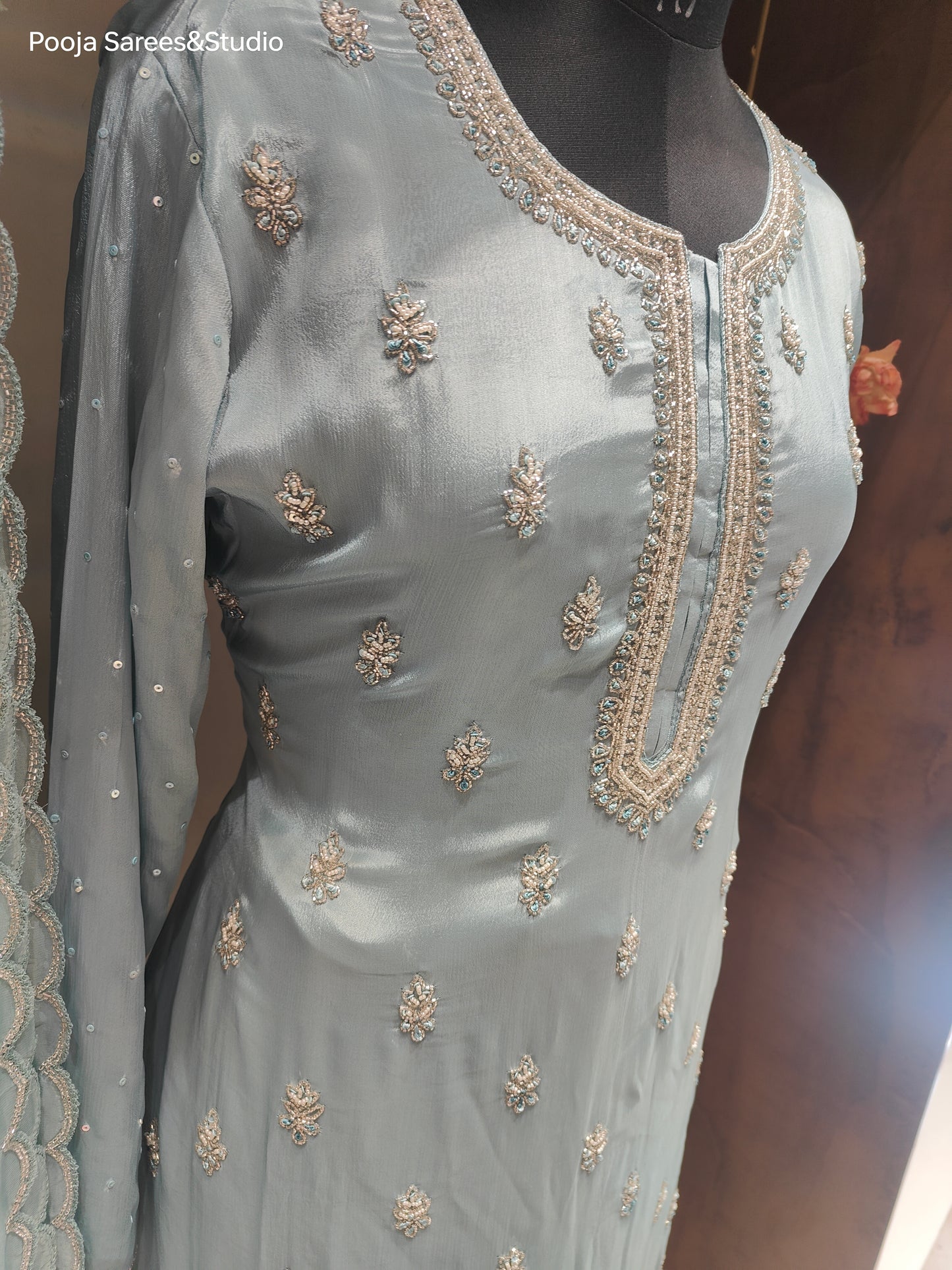 AARSAA Light Blue Crepe Katdana Moti Work Pallazo Set with Work Dupatta