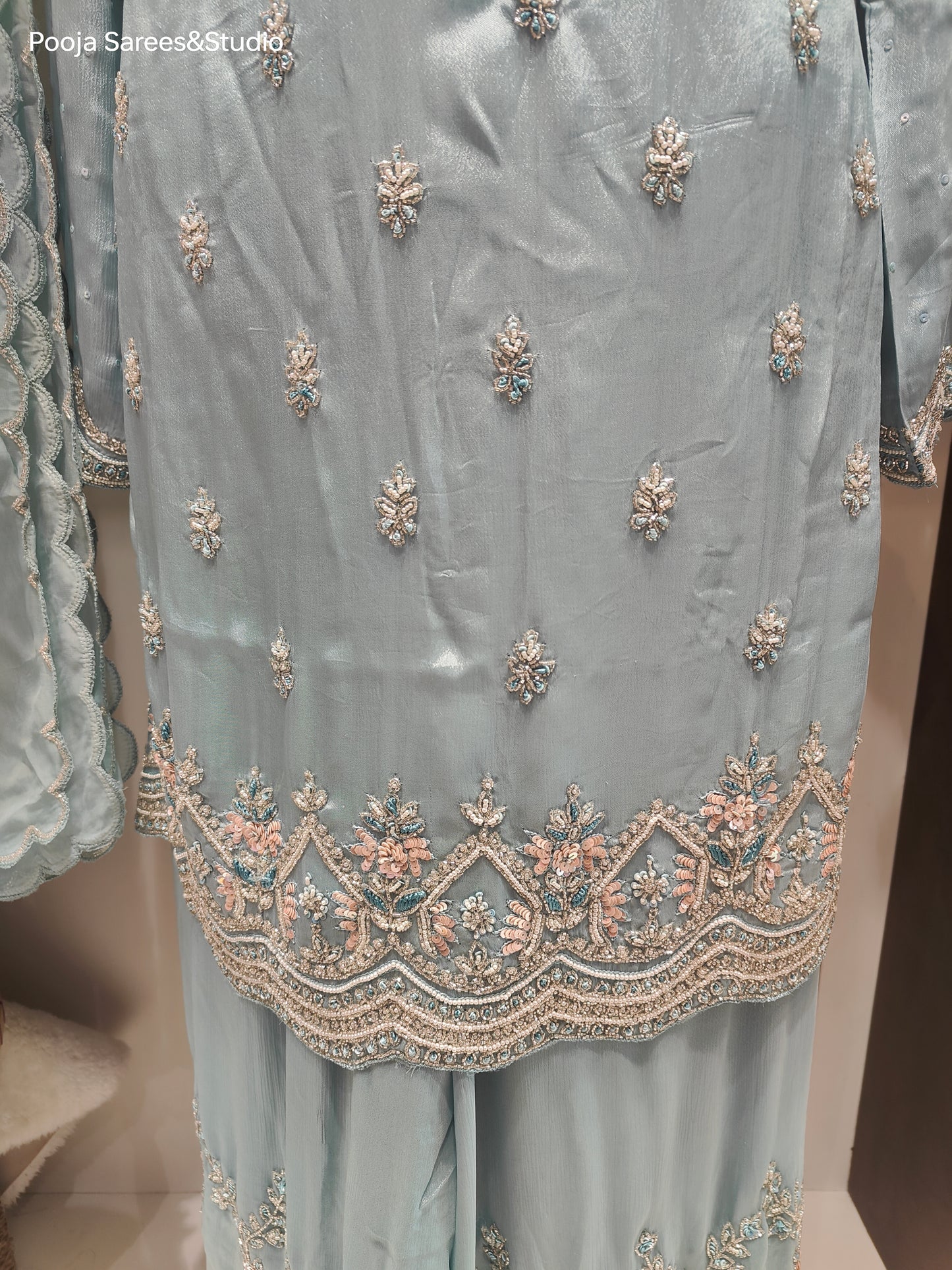 AARSAA Light Blue Crepe Katdana Moti Work Pallazo Set with Work Dupatta