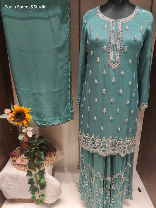 AARSAA Green Crepe Katdana Moti Work Pallazo Set with Work Dupatta