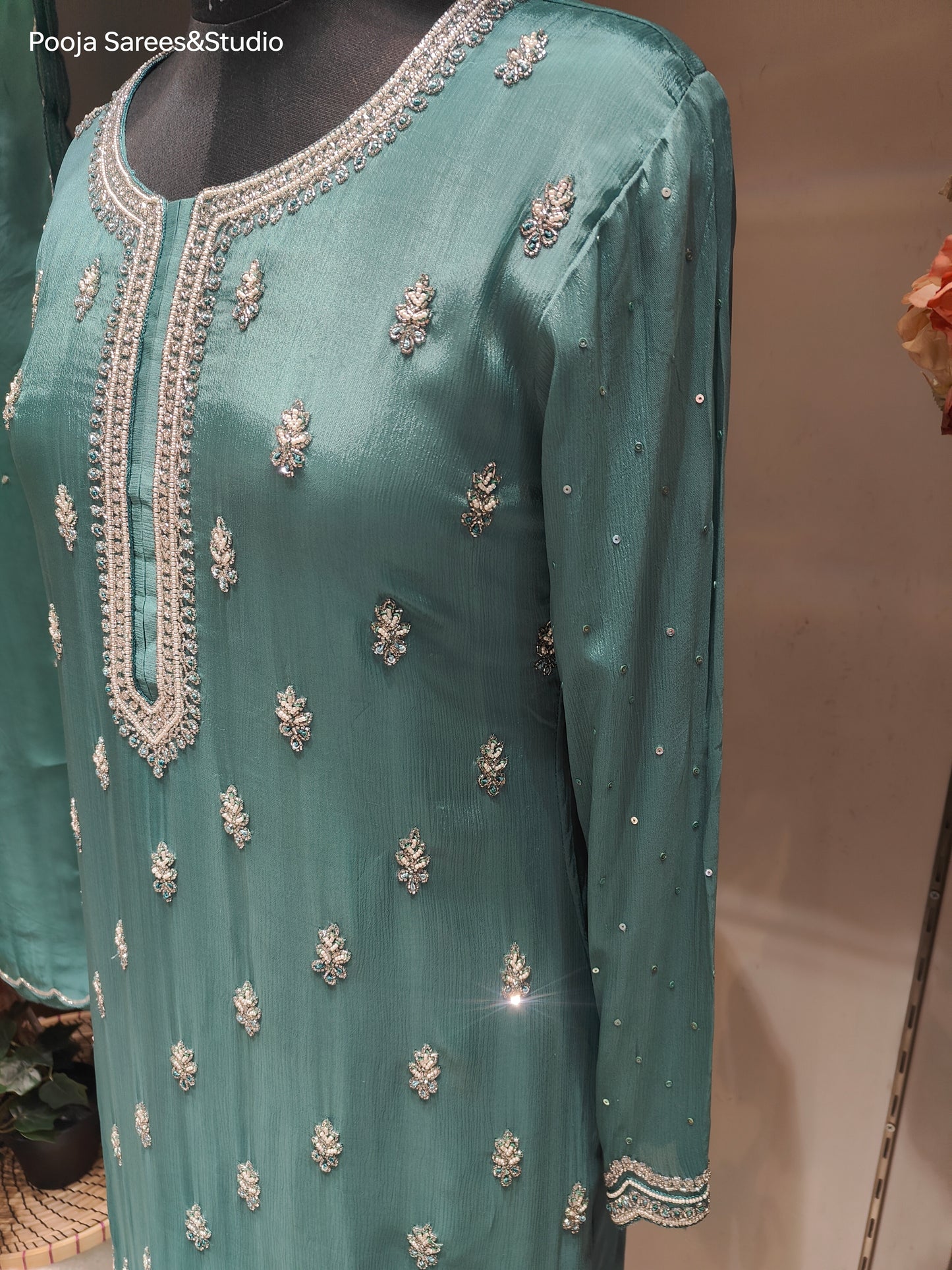 AARSAA Green Crepe Katdana Moti Work Pallazo Set with Work Dupatta