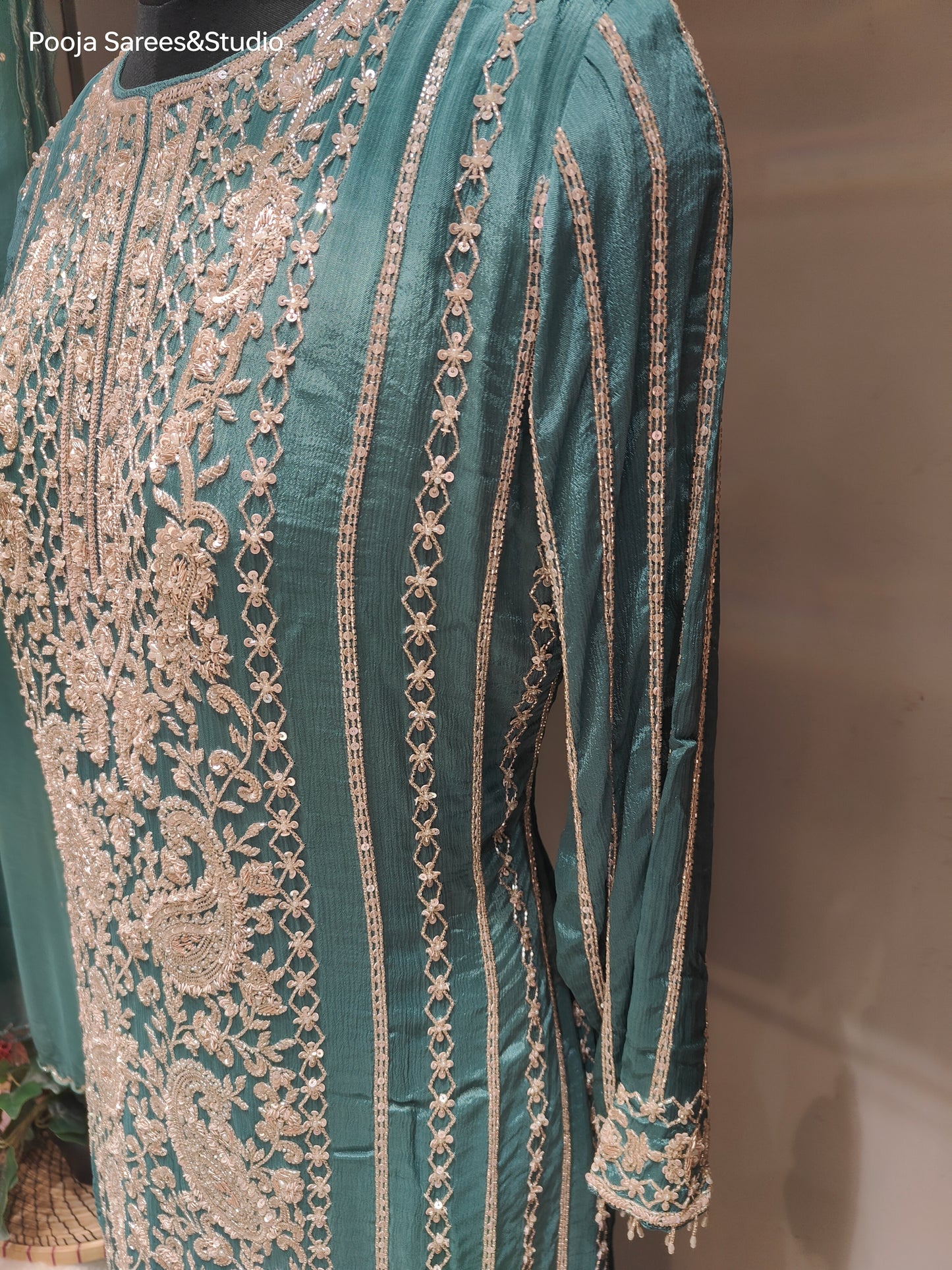 AARSAA Turquoise Crepe Full Katdana Work Pallazo Set with Work Dupatta