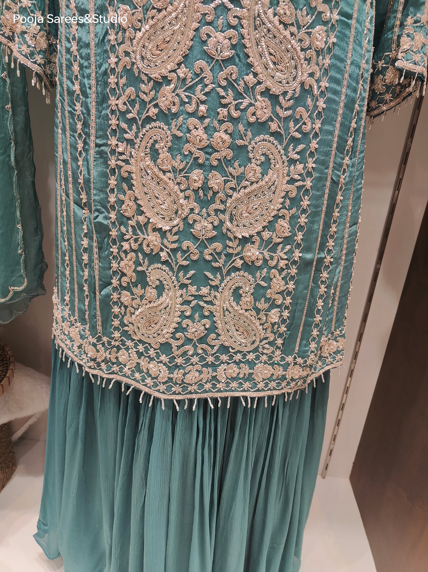 AARSAA Turquoise Crepe Full Katdana Work Pallazo Set with Work Dupatta