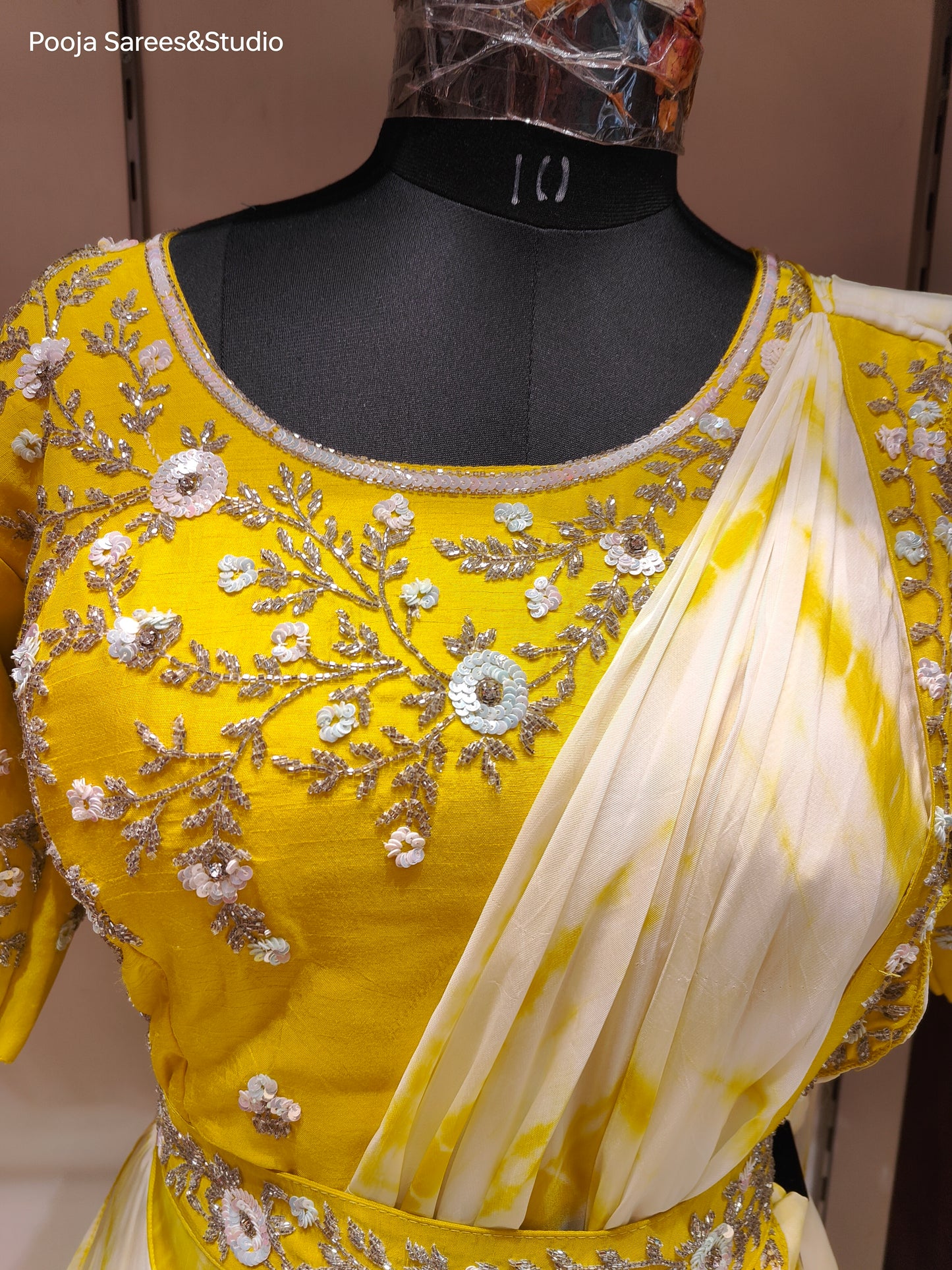 AARSAA Yellow Satin Crepe Batik Dye Lehenga Drape with Katdana Work Blouse and belt