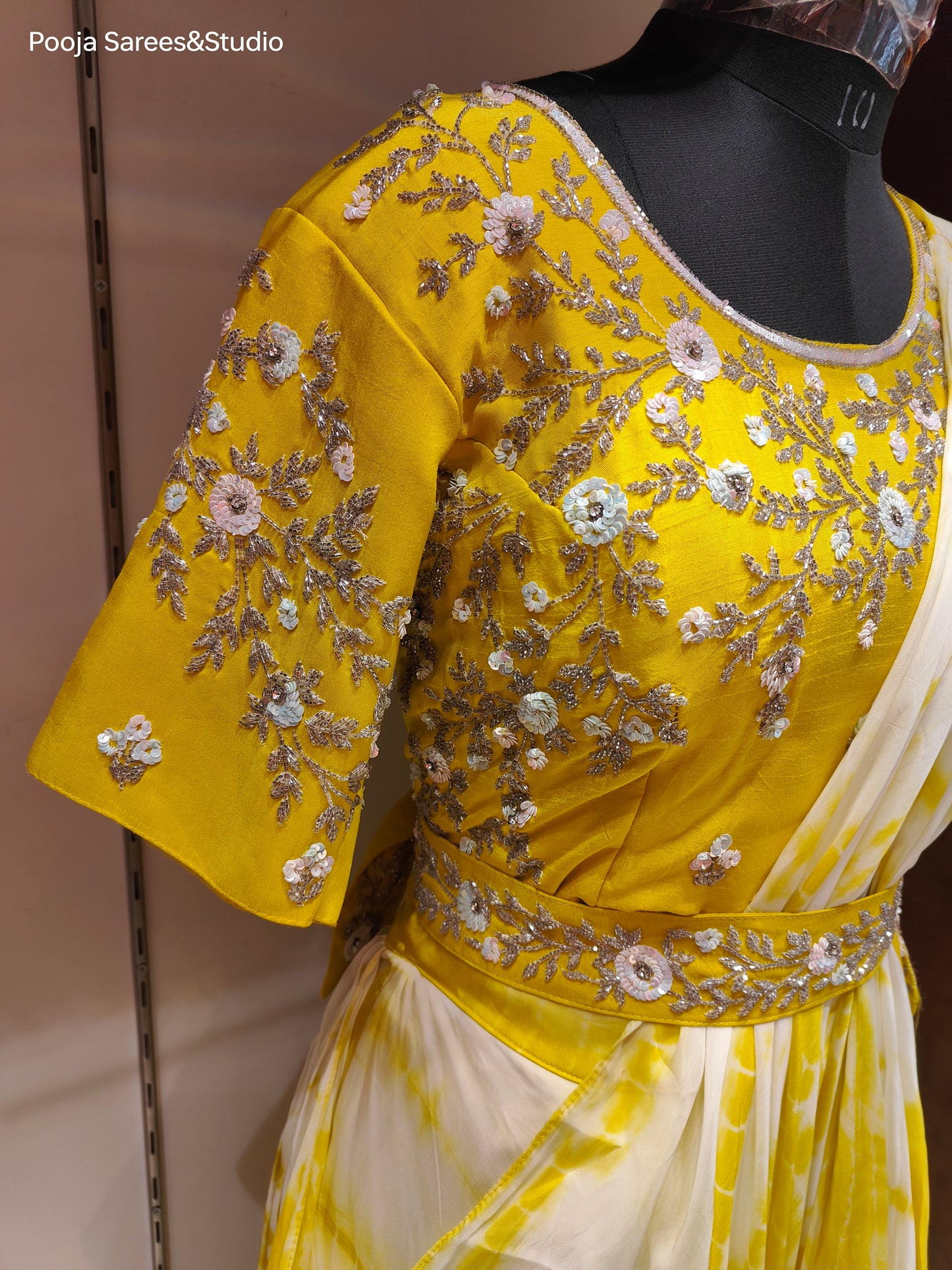 AARSAA Yellow Satin Crepe Batik Dye Lehenga Drape with Katdana Work Blouse and belt