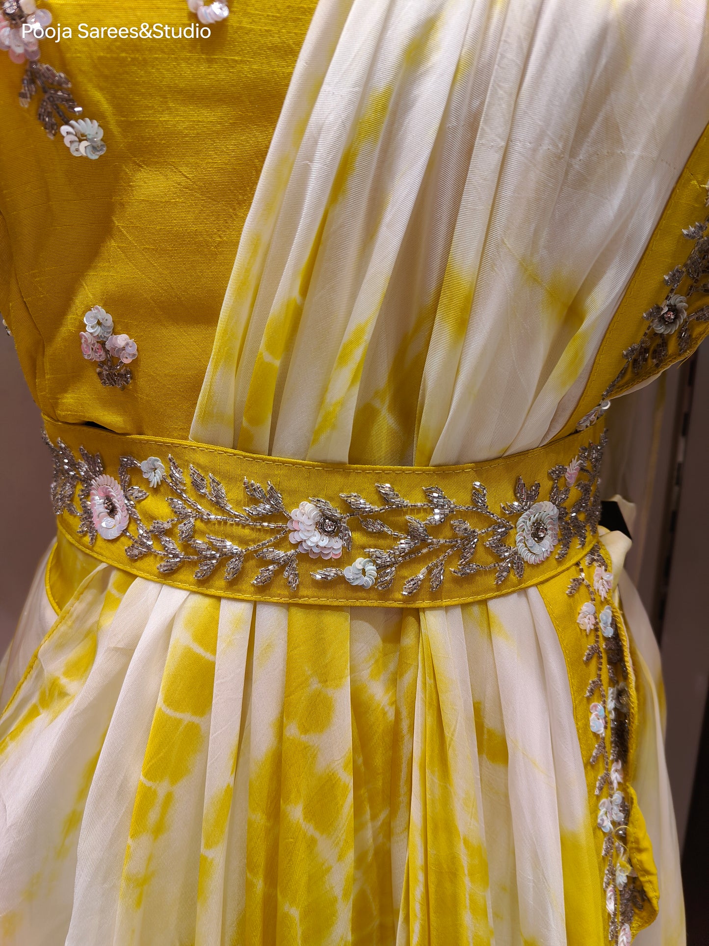 AARSAA Yellow Satin Crepe Batik Dye Lehenga Drape with Katdana Work Blouse and belt