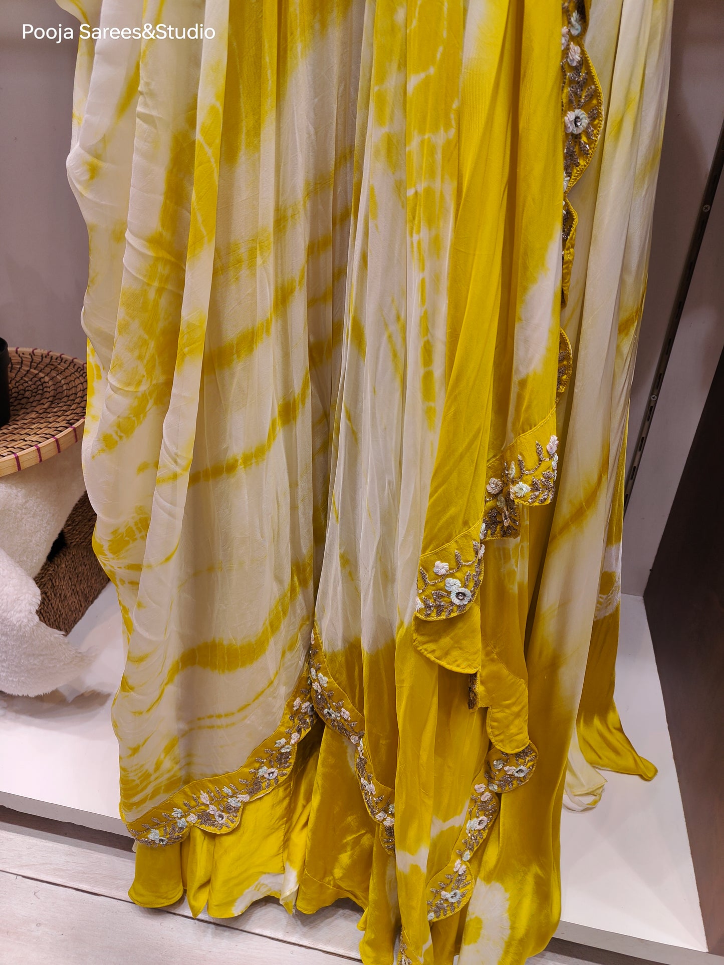 AARSAA Yellow Satin Crepe Batik Dye Lehenga Drape with Katdana Work Blouse and belt