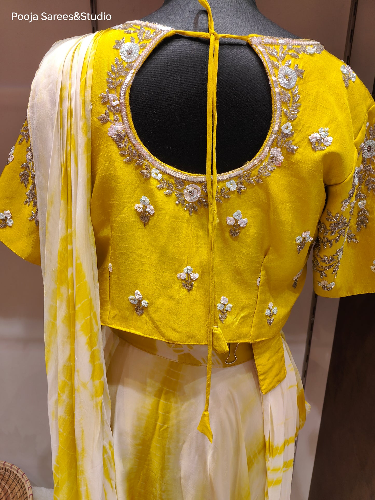 AARSAA Yellow Satin Crepe Batik Dye Lehenga Drape with Katdana Work Blouse and belt