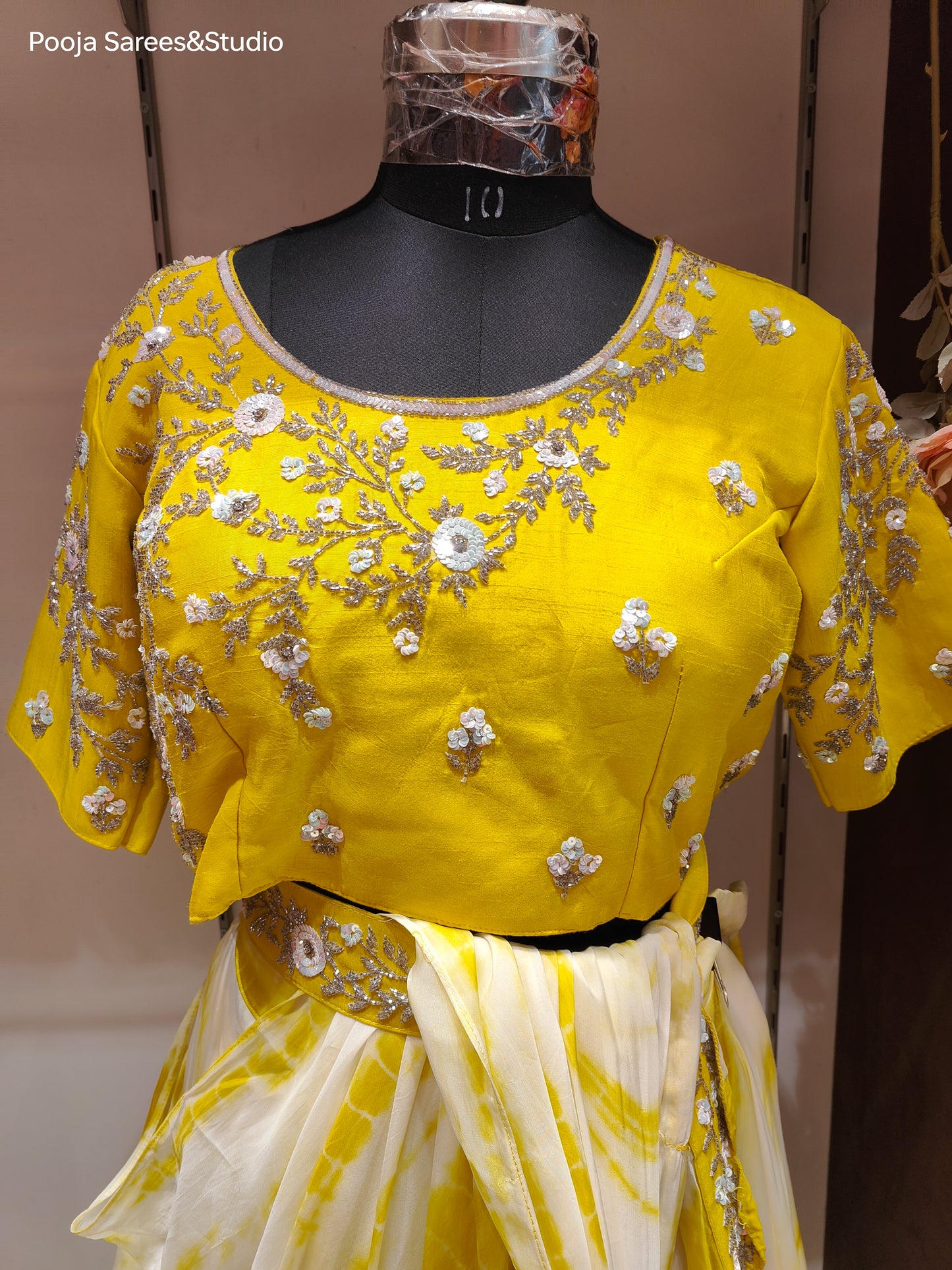 AARSAA Yellow Satin Crepe Batik Dye Lehenga Drape with Katdana Work Blouse and belt