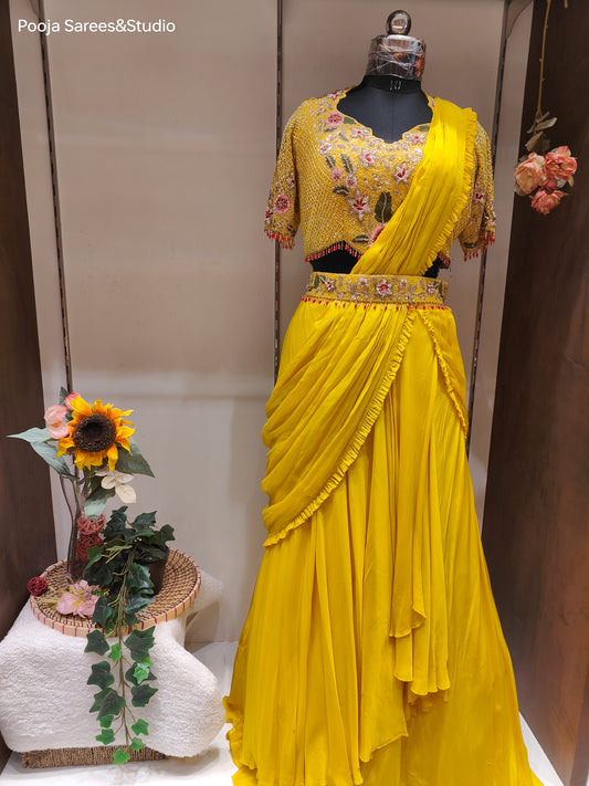 AARSAA Yellow Crepe Katdana Sequence Threadwork Blouse with Satin Crepe Drape Lehenga and Belt