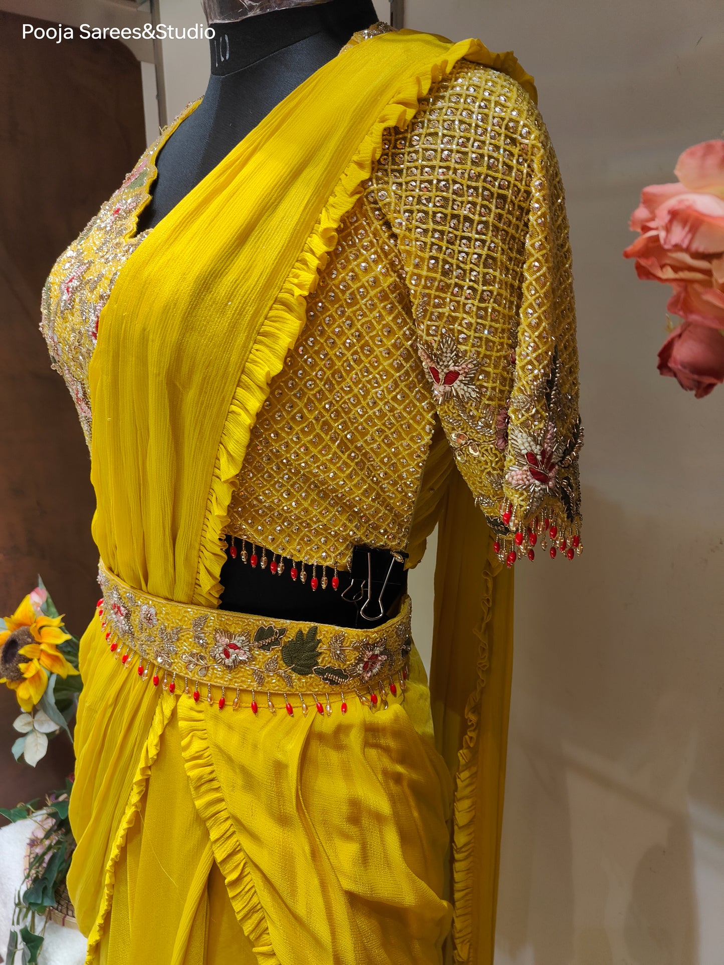 AARSAA Yellow Crepe Katdana Sequence Threadwork Blouse with Satin Crepe Drape Lehenga and Belt