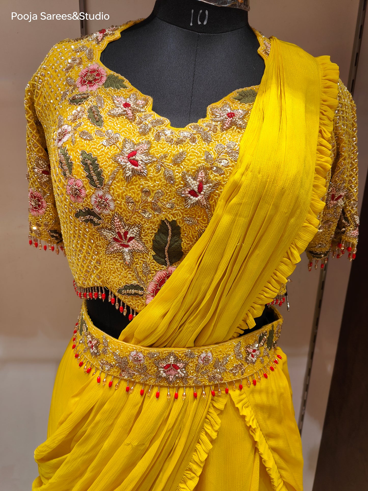 AARSAA Yellow Crepe Katdana Sequence Threadwork Blouse with Satin Crepe Drape Lehenga and Belt