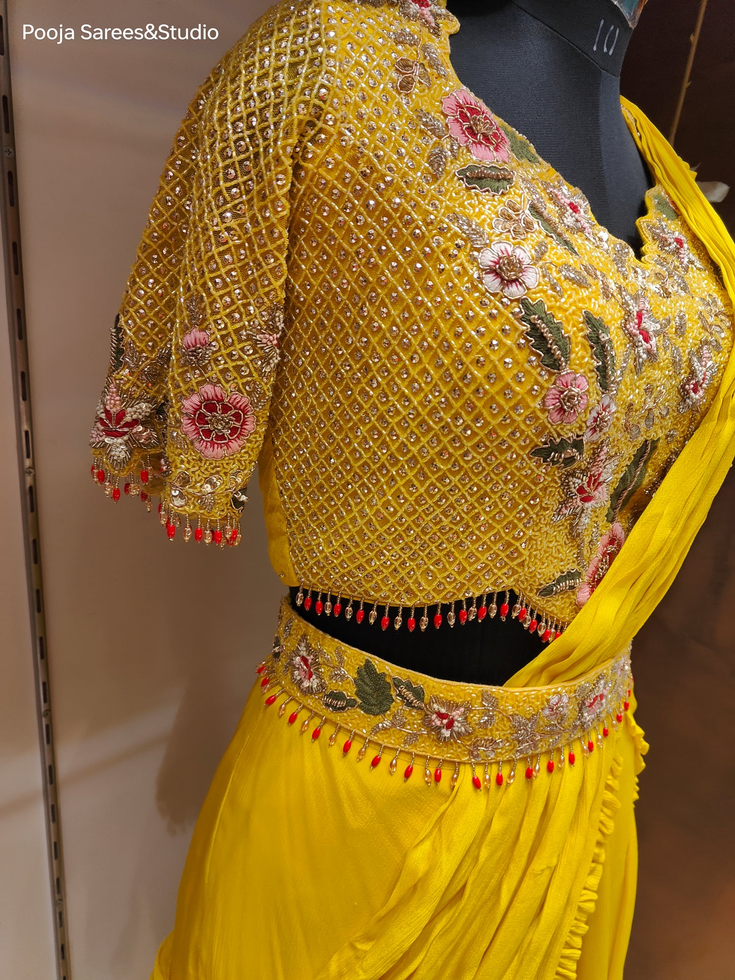 AARSAA Yellow Crepe Katdana Sequence Threadwork Blouse with Satin Crepe Drape Lehenga and Belt