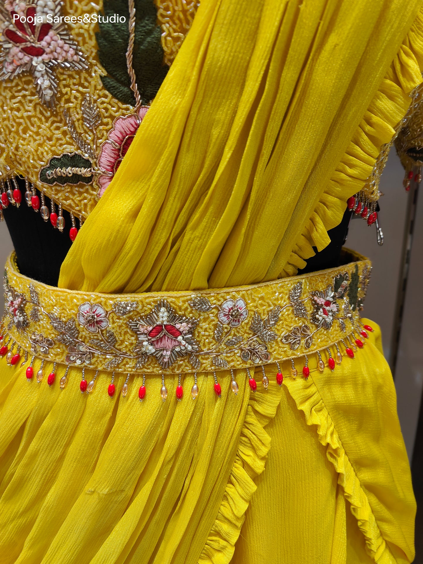 AARSAA Yellow Crepe Katdana Sequence Threadwork Blouse with Satin Crepe Drape Lehenga and Belt