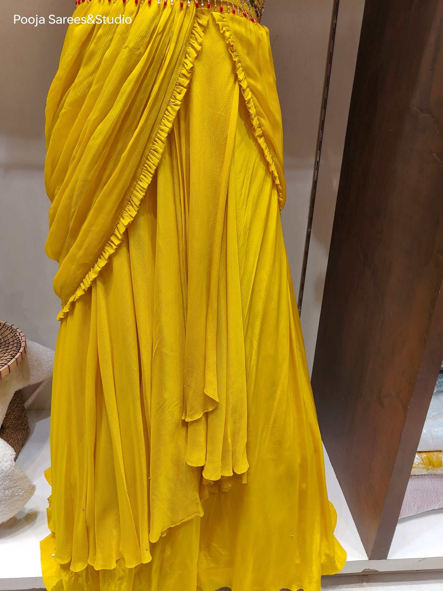 AARSAA Yellow Crepe Katdana Sequence Threadwork Blouse with Satin Crepe Drape Lehenga and Belt