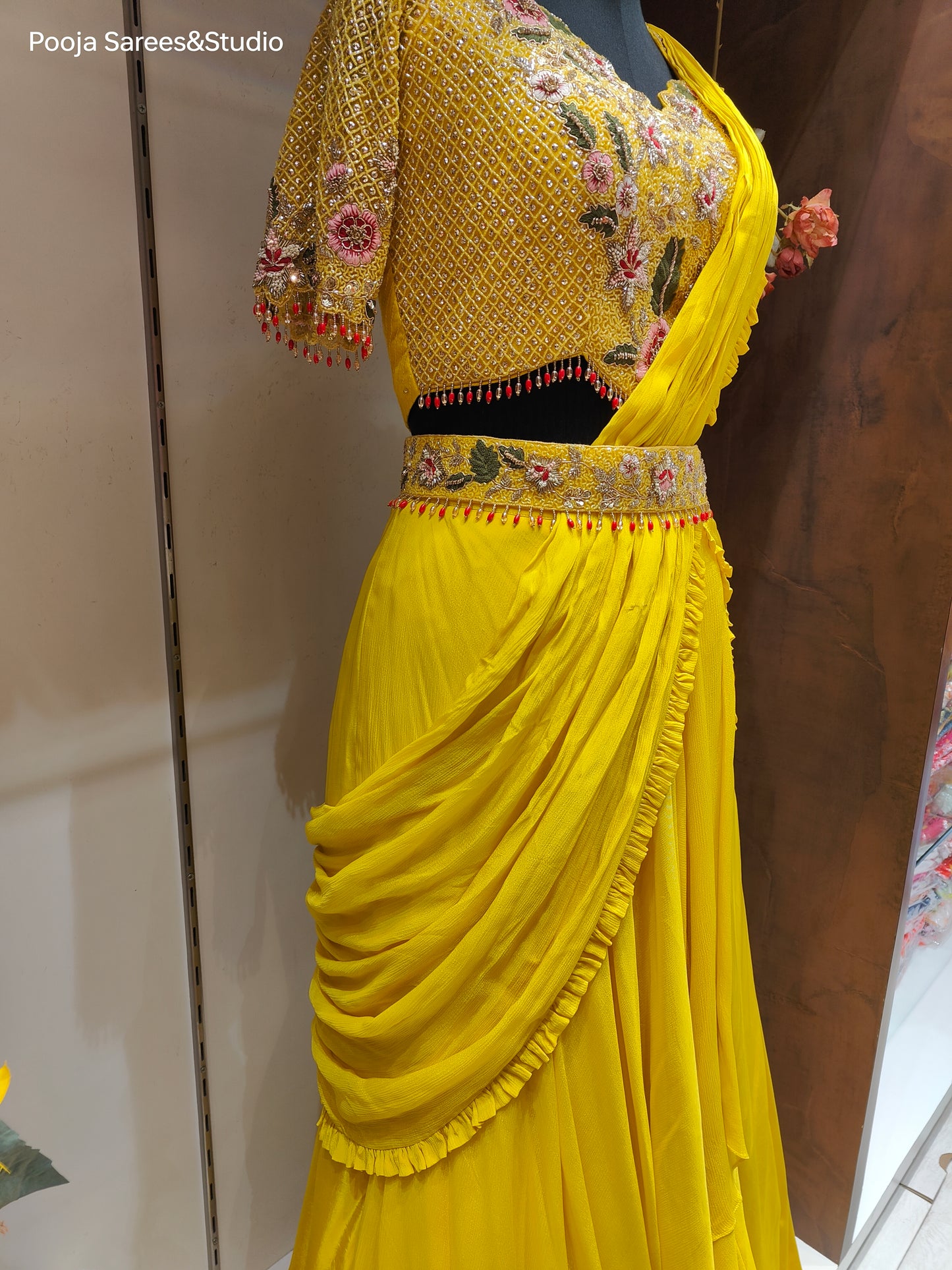 AARSAA Yellow Crepe Katdana Sequence Threadwork Blouse with Satin Crepe Drape Lehenga and Belt