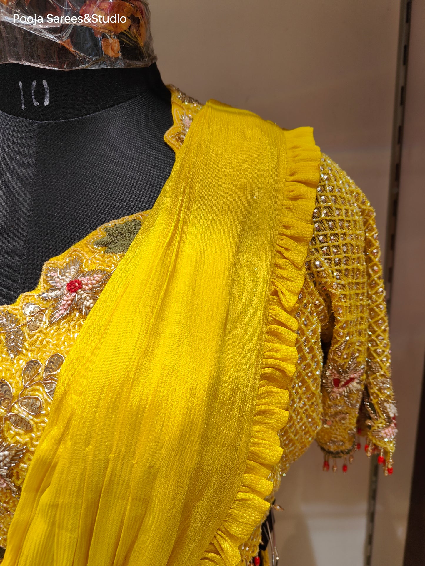 AARSAA Yellow Crepe Katdana Sequence Threadwork Blouse with Satin Crepe Drape Lehenga and Belt