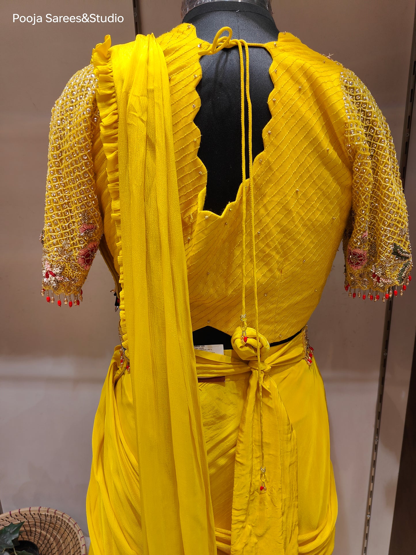 AARSAA Yellow Crepe Katdana Sequence Threadwork Blouse with Satin Crepe Drape Lehenga and Belt