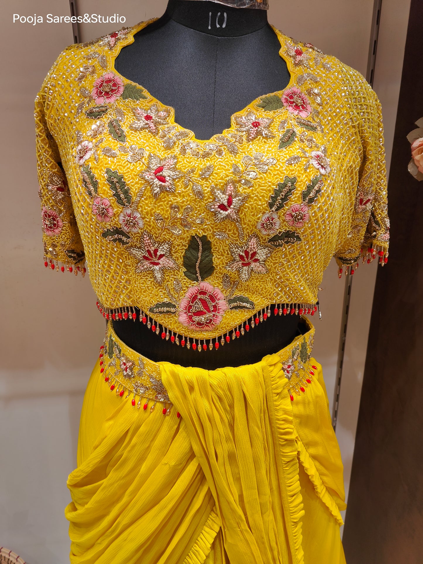 AARSAA Yellow Crepe Katdana Sequence Threadwork Blouse with Satin Crepe Drape Lehenga and Belt