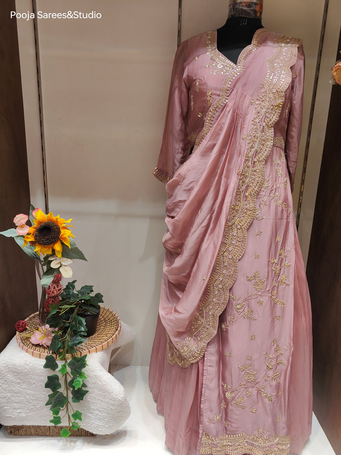 AARSAA Onion Pink Organza Gota Work One side panel long Top with Work Drape Lehenga