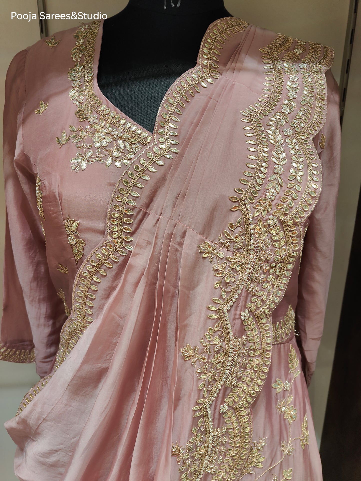 AARSAA Onion Pink Organza Gota Work One side panel long Top with Work Drape Lehenga