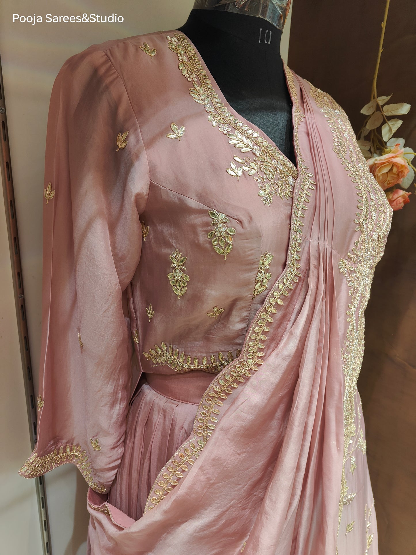 AARSAA Onion Pink Organza Gota Work One side panel long Top with Work Drape Lehenga