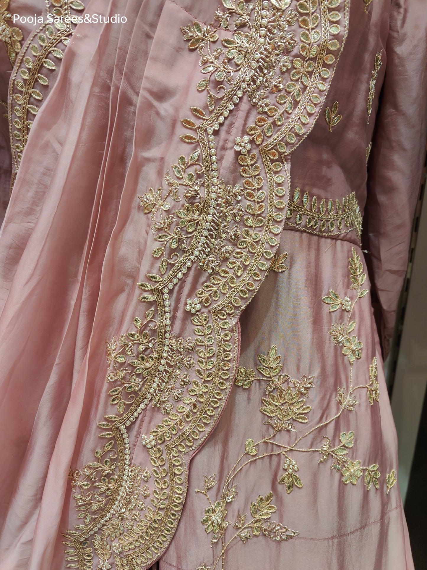 AARSAA Onion Pink Organza Gota Work One side panel long Top with Work Drape Lehenga