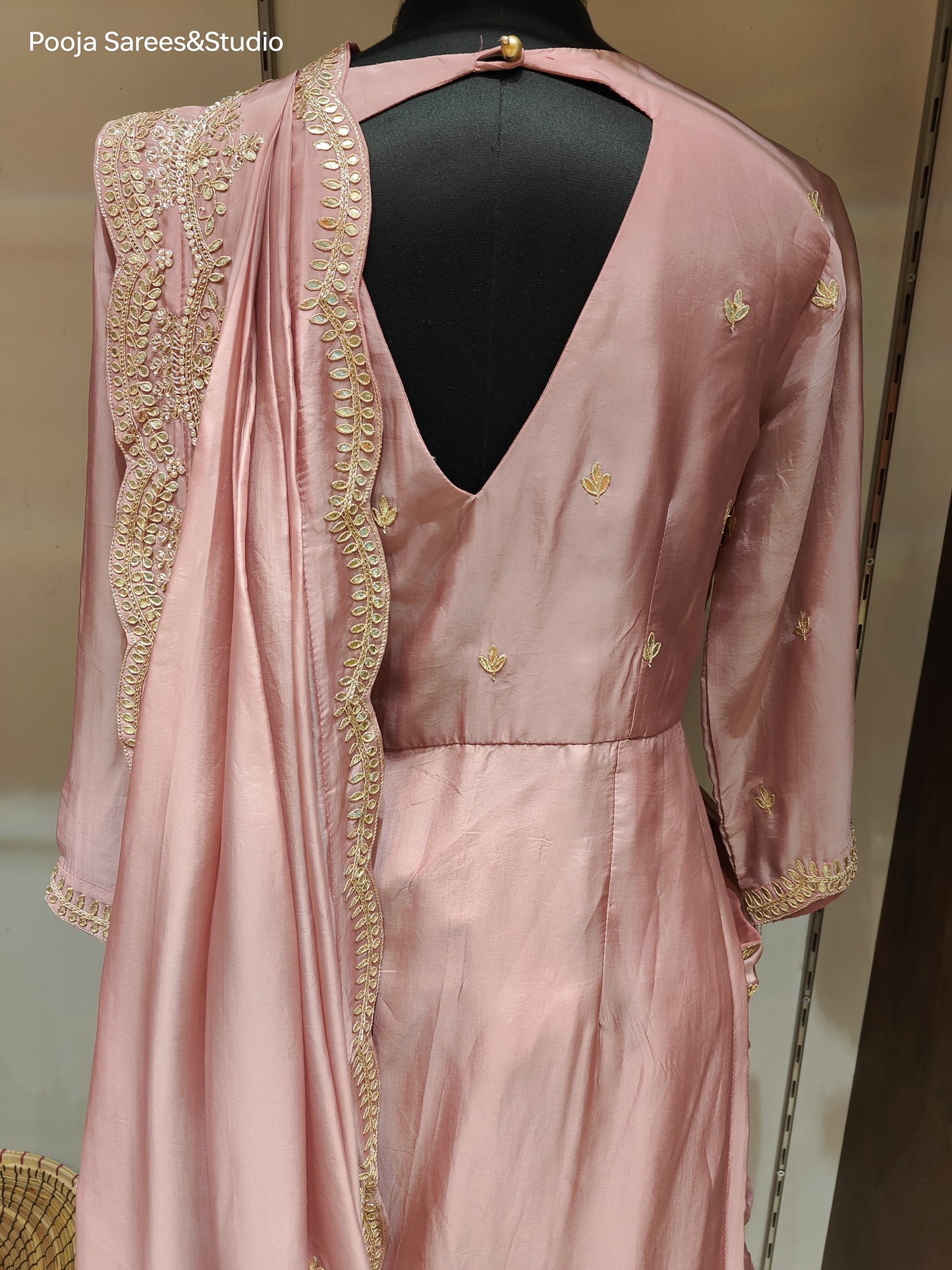 AARSAA Onion Pink Organza Gota Work One side panel long Top with Work Drape Lehenga