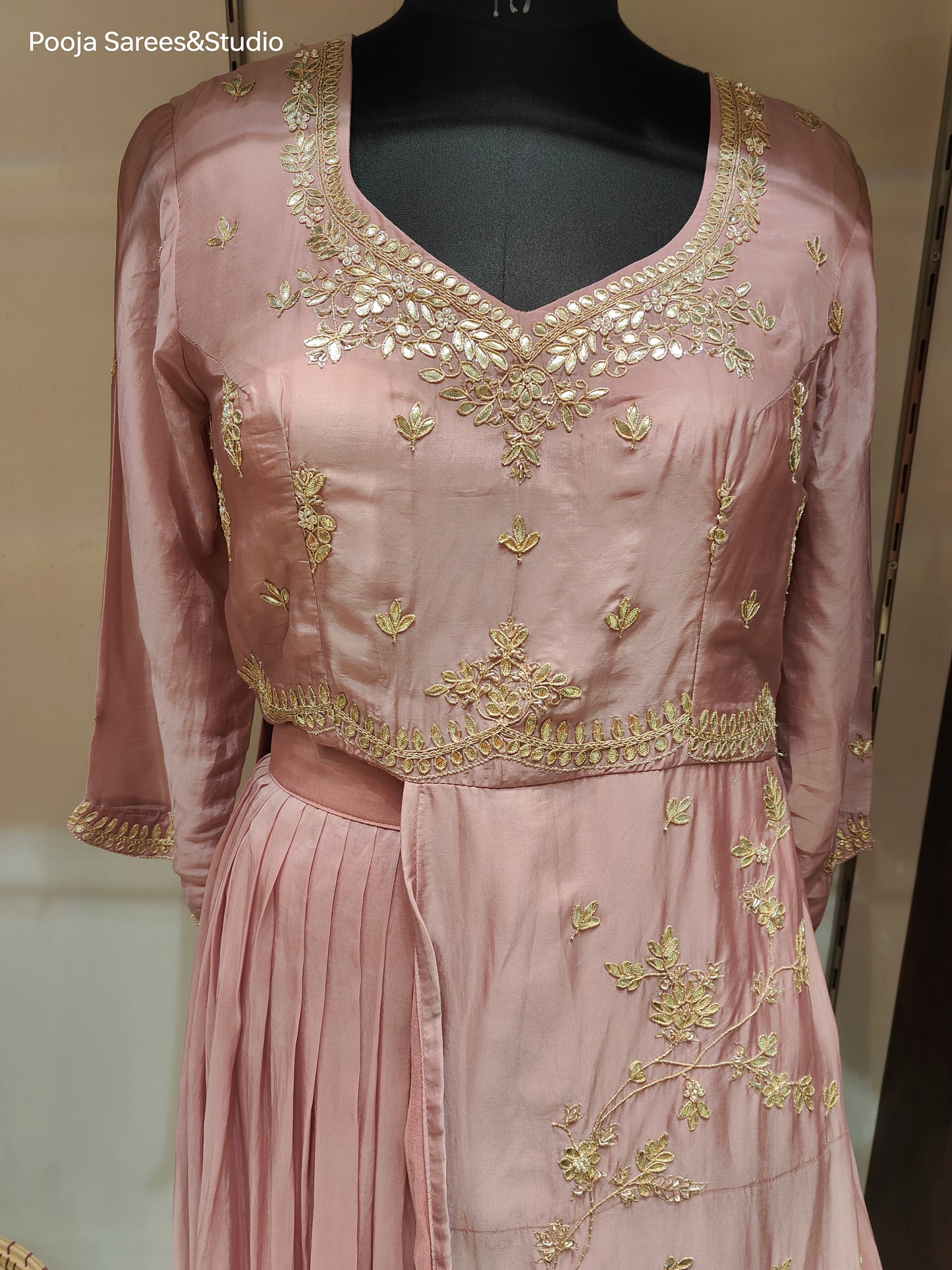 AARSAA Onion Pink Organza Gota Work One side panel long Top with Work Drape Lehenga