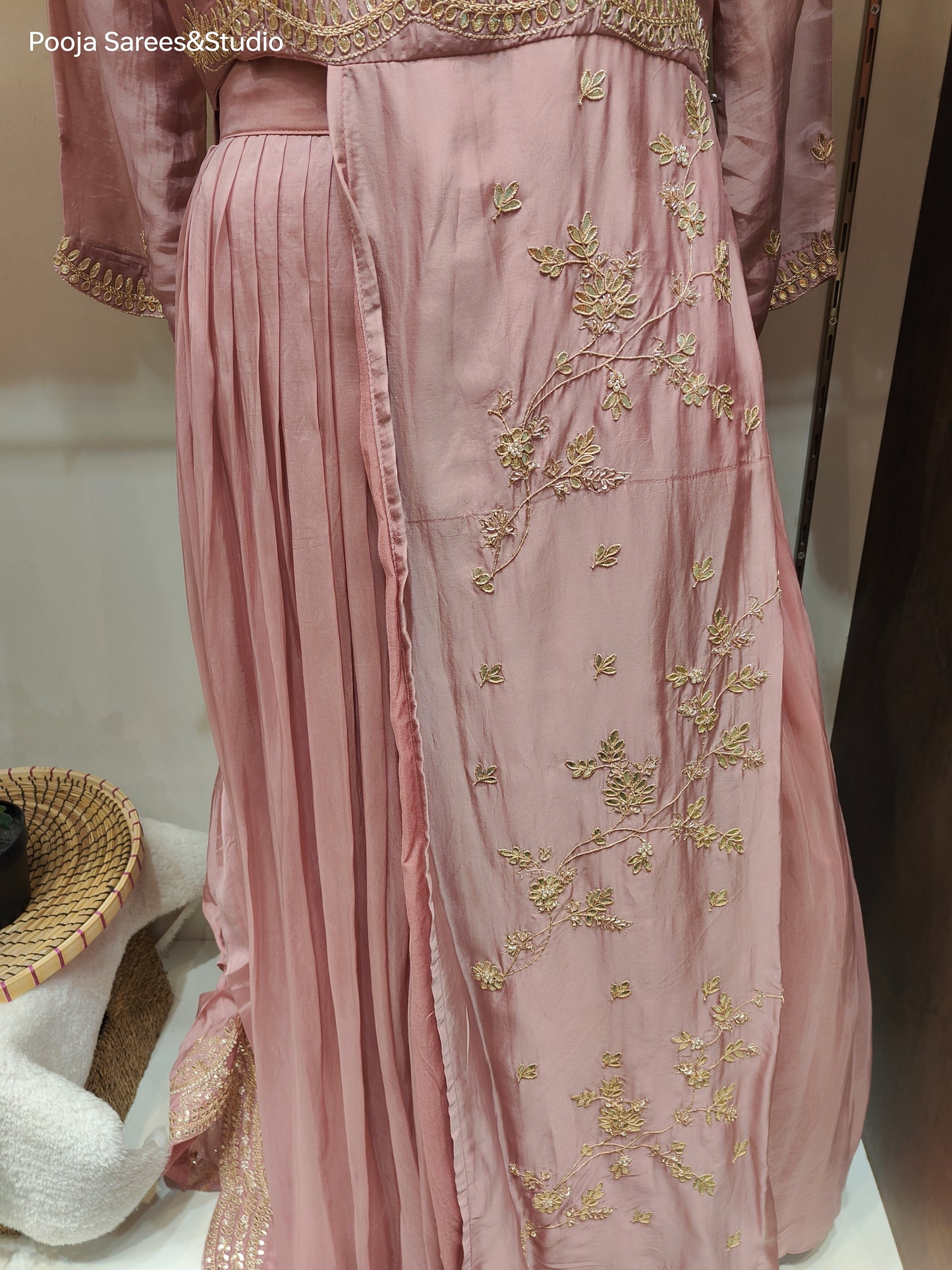 AARSAA Onion Pink Organza Gota Work One side panel long Top with Work Drape Lehenga