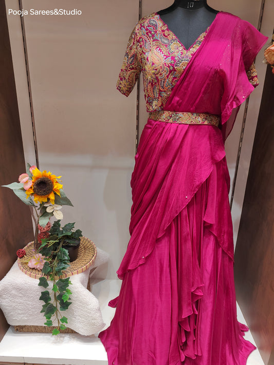 AARSAA Satin Crepe Fuschia Threadwork, Katdana , Sequence work blouse with Fish Cut Drape Lehenga and belt