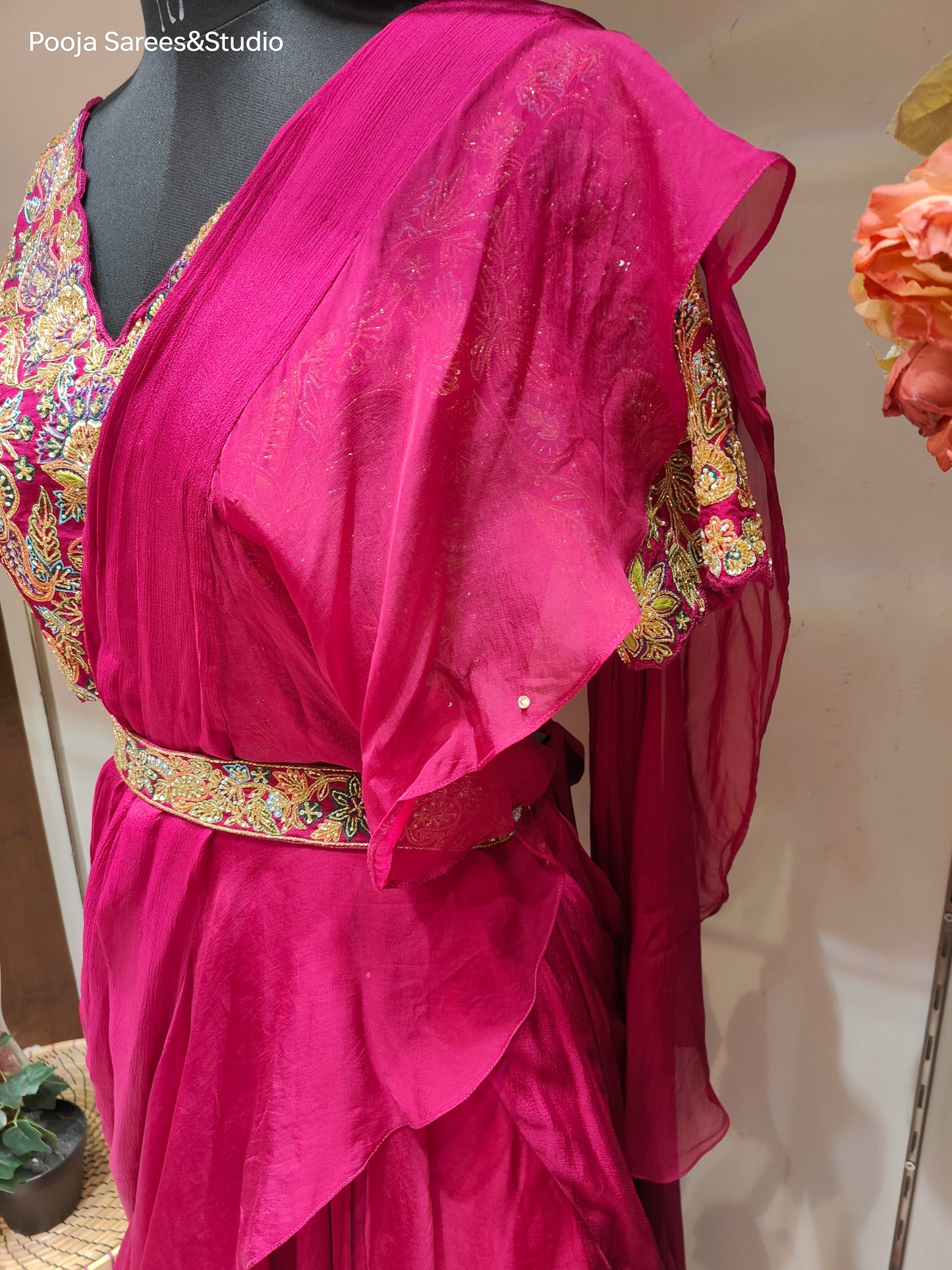 AARSAA Satin Crepe Fuschia Threadwork, Katdana , Sequence work blouse with Fish Cut Drape Lehenga and belt